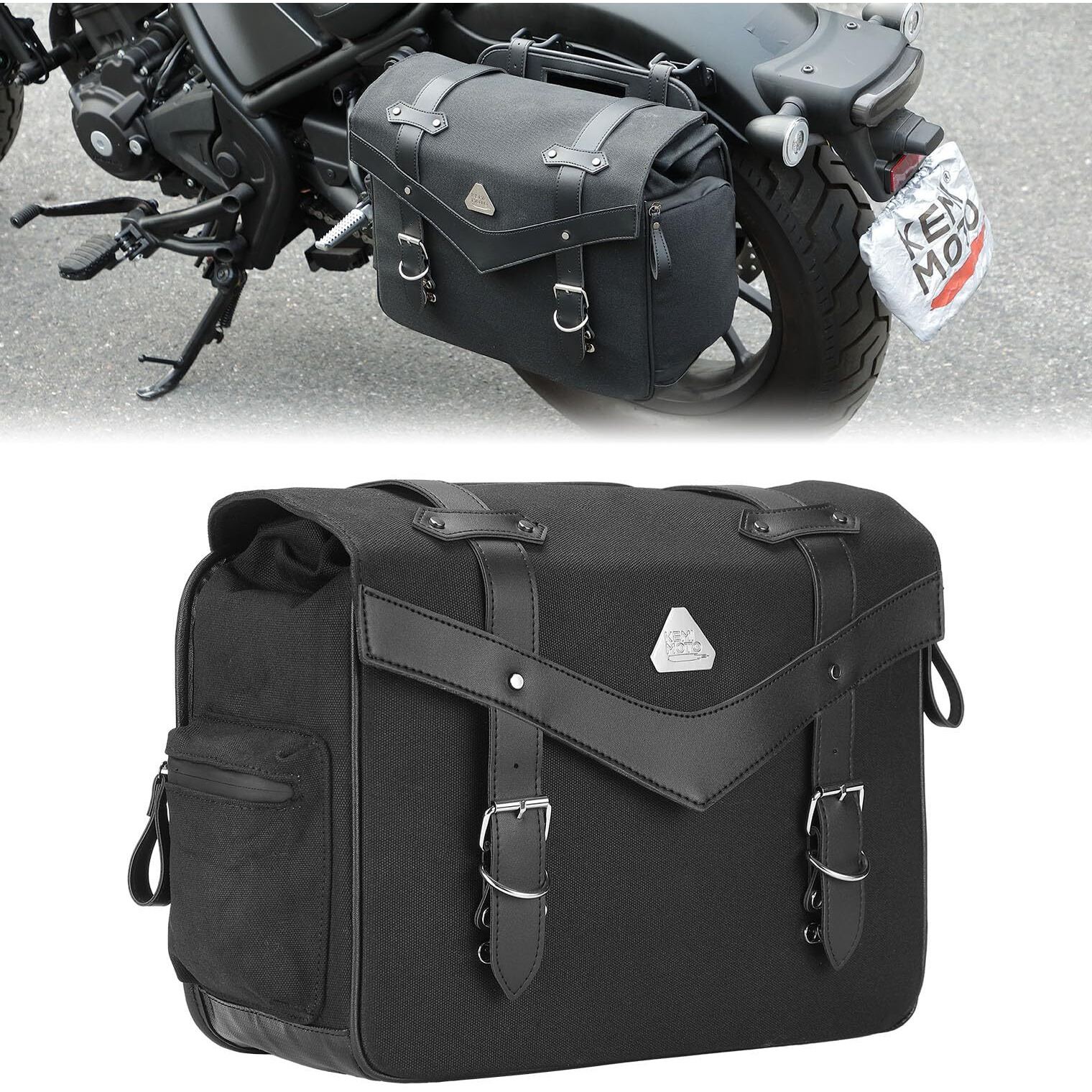 Kemimoto Motorcycle Saddlebag Waterproof Oil Waxed Canvas Leather Universal Single Side Bag Compatible With Softail Dyna Sportster Cruiser (15L)