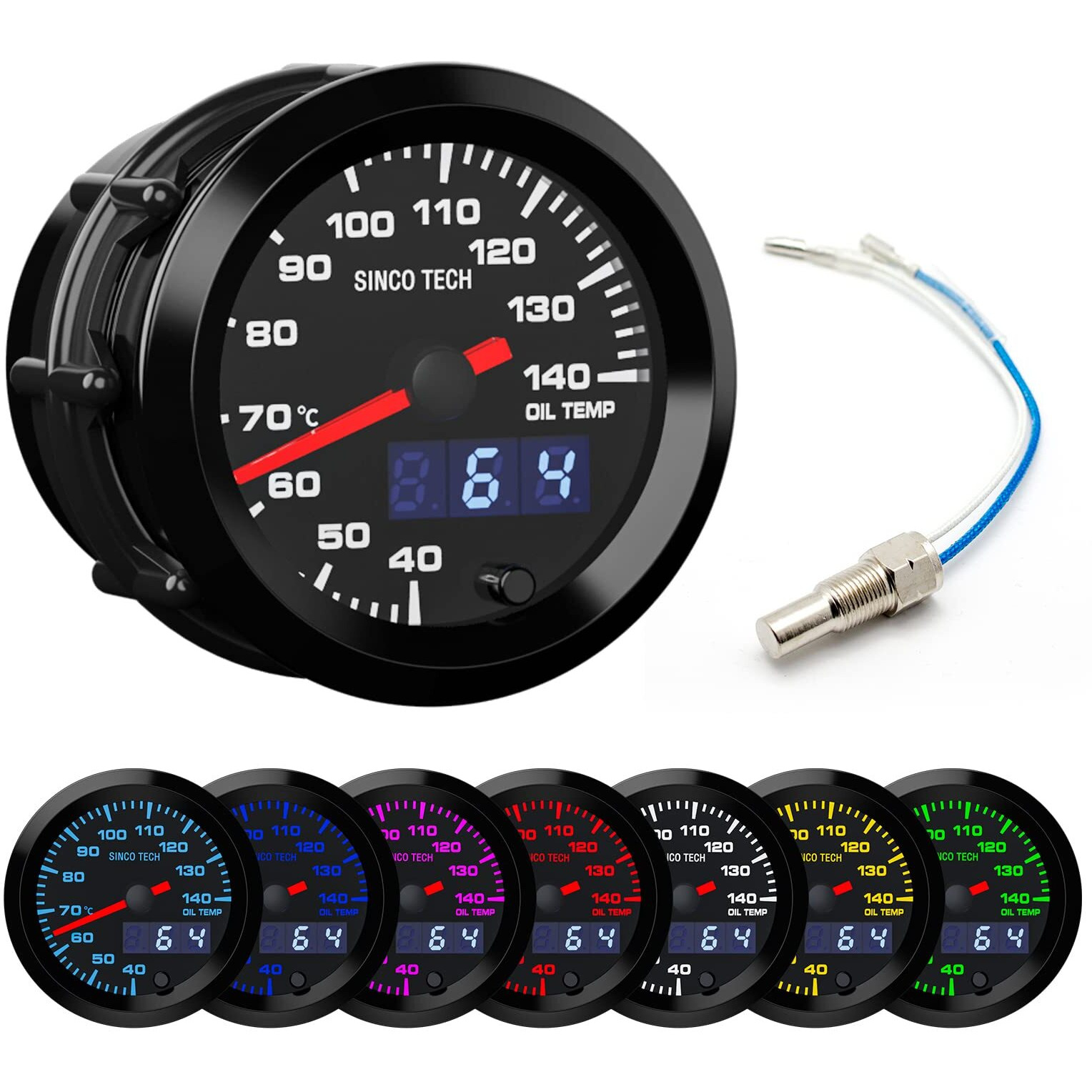 Sinco Tech 52Mm Gauge Car Meter Digital Display Pointer 7 Colors Backlight 12V Universal Gauge Kit (Oil Temp C)
