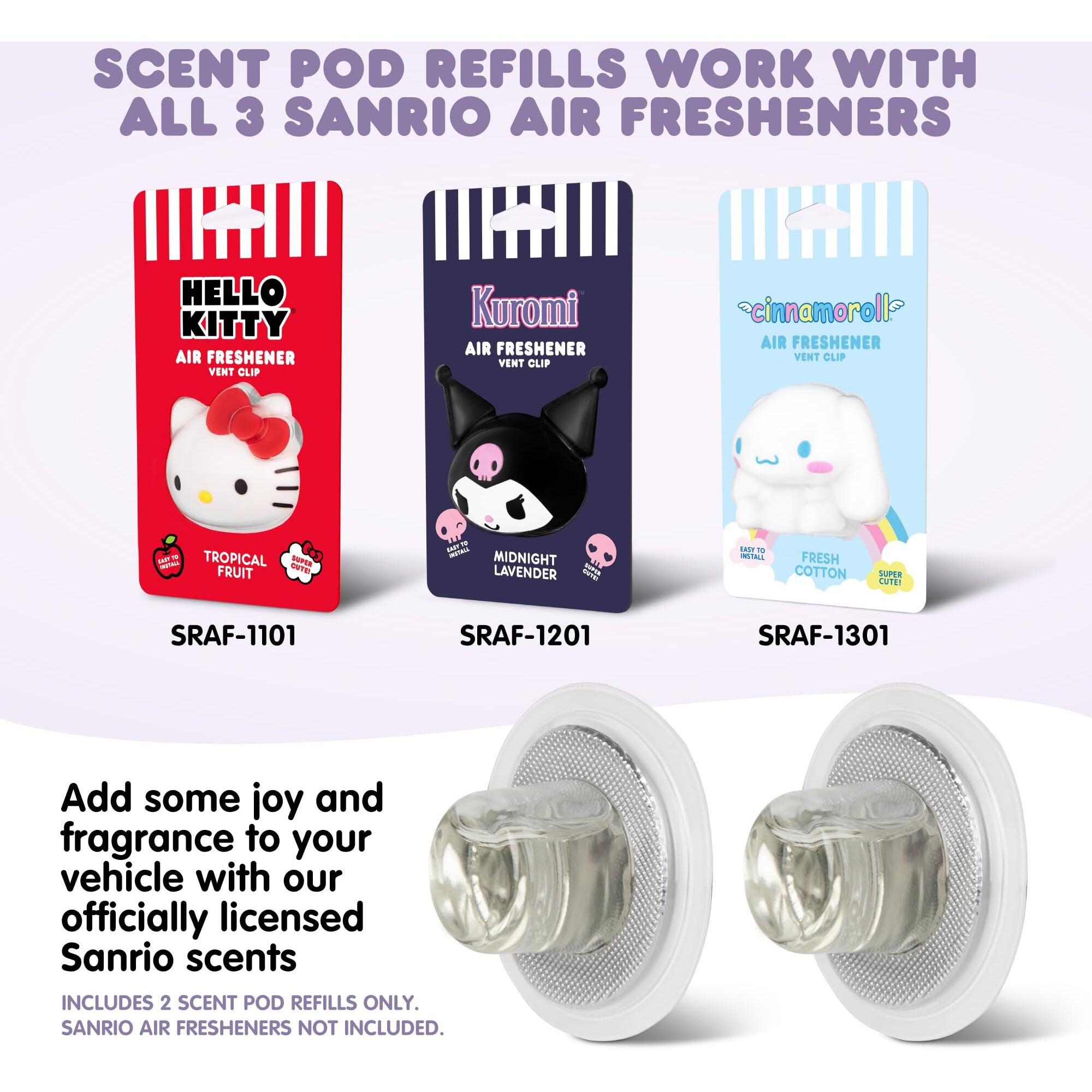 Sanrio Kuromi Car Air Freshener Scented Oil Pod Refills, Hello Kitty And Friends Cute Car Accessories - Midnight Lavender, 2Ct