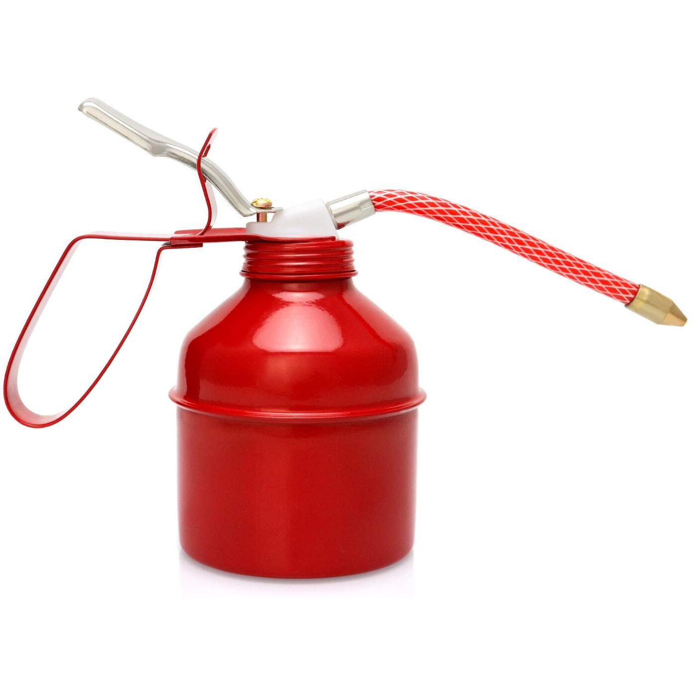 Qwork Oil Can, 12 Oz (400Ml) Capacity Manual Pump Oil Can, Steel Pistol Type Oiler Can, Red, Flexible Tube