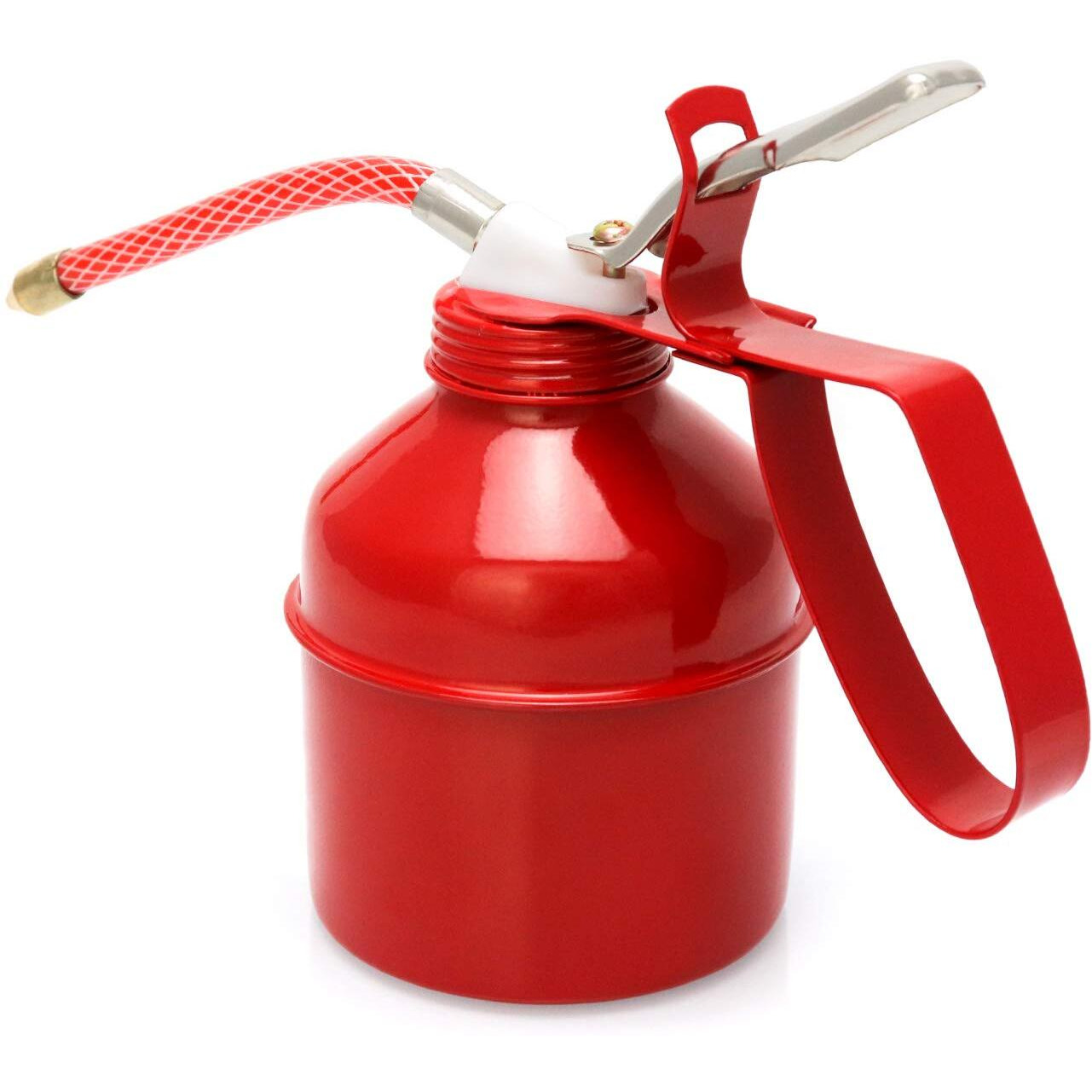Qwork Oil Can, 12 Oz (400Ml) Capacity Manual Pump Oil Can, Steel Pistol Type Oiler Can, Red, Flexible Tube