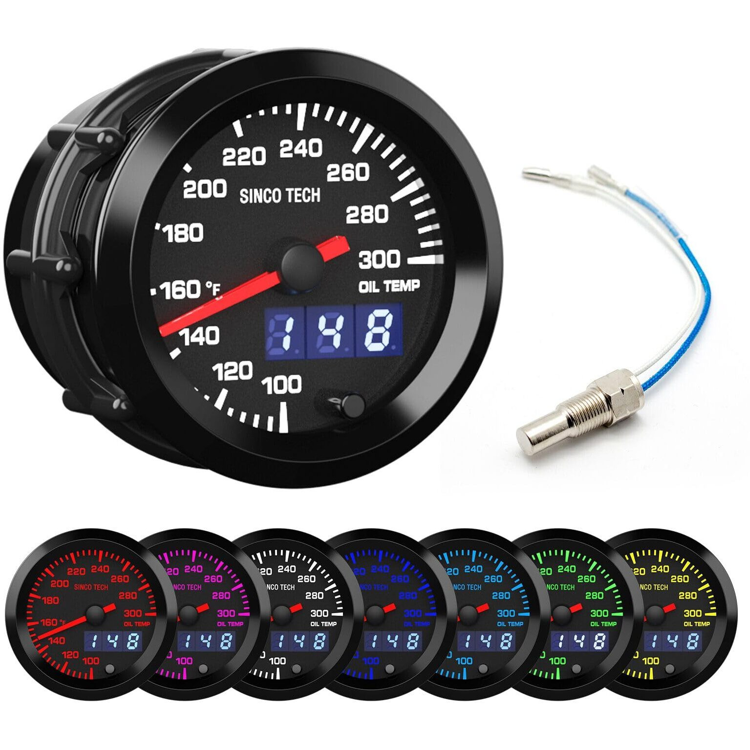 Sinco Tech 52Mm Gauge Car Meter Digital Display Pointer 7 Colors Backlight 12V Universal Gauge Kit (Oil Temp F)