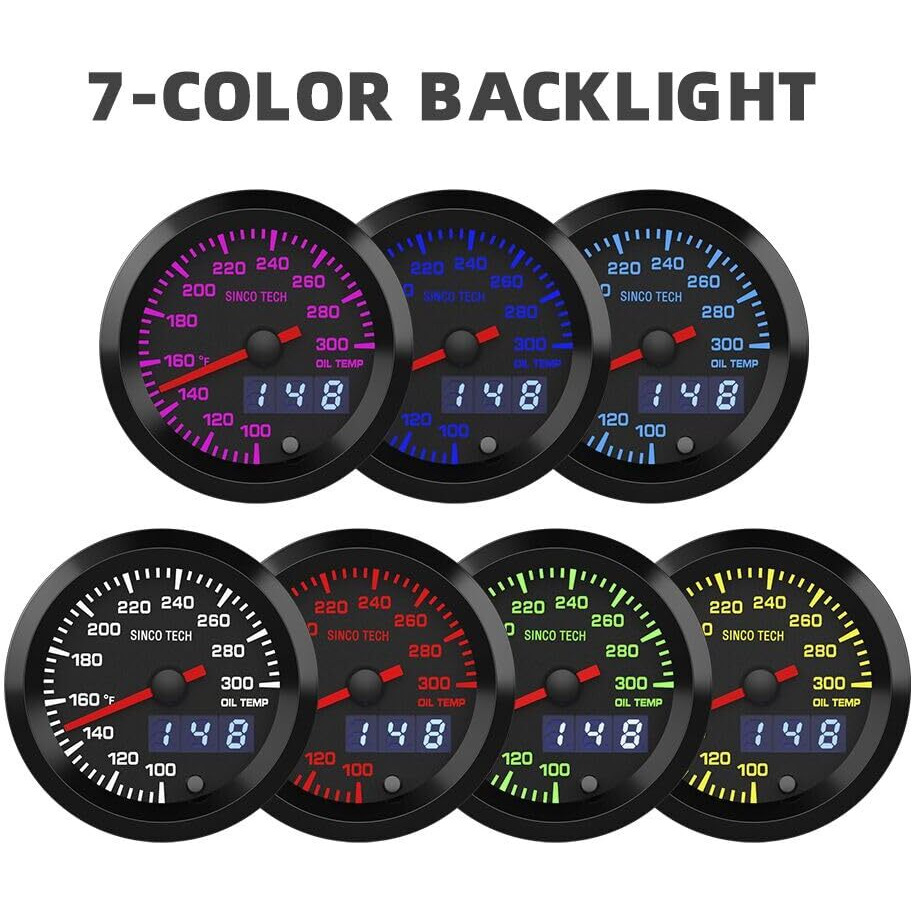 Sinco Tech 52Mm Gauge Car Meter Digital Display Pointer 7 Colors Backlight 12V Universal Gauge Kit (Oil Temp F)