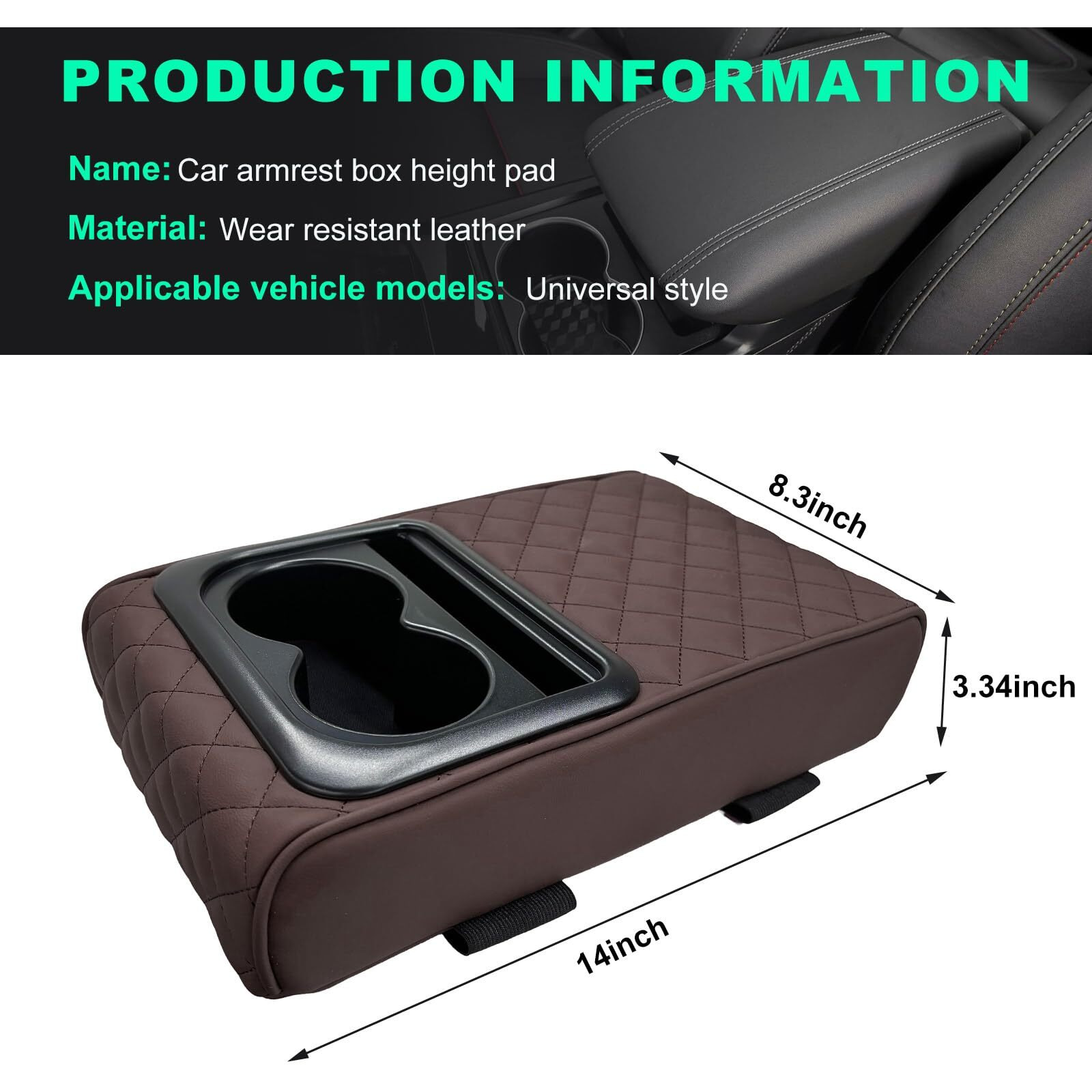 Suvnie Car Center Console Armrest Pillow, Memory Foam Auto Armrest Box Cover With Cup Holder & Phone Holder, Waterproof Leather Arm Rest Protector Cushion, Interior Car Accessories (Diamond, Coffee)