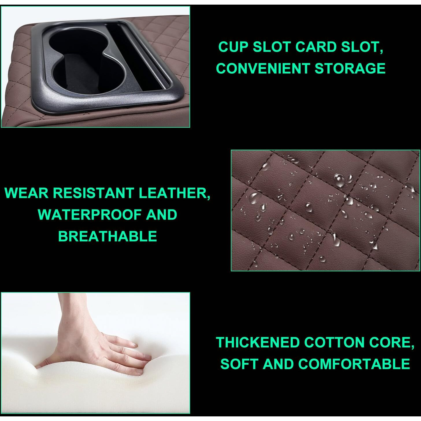 Suvnie Car Center Console Armrest Pillow, Memory Foam Auto Armrest Box Cover With Cup Holder & Phone Holder, Waterproof Leather Arm Rest Protector Cushion, Interior Car Accessories (Diamond, Coffee)