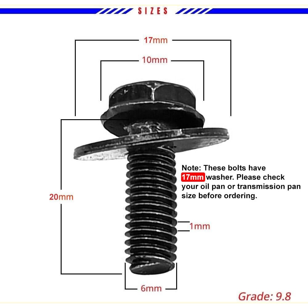71315-122382A 20X M6 Hex Head Sems Body Bolts, 1.0 X 20Mm Loose Washer, For Transmission Pan, Oil Pan With 17Mm Washer, Replaces Oem 11504570, Screws For Toyota, Subaru, Dodge & More