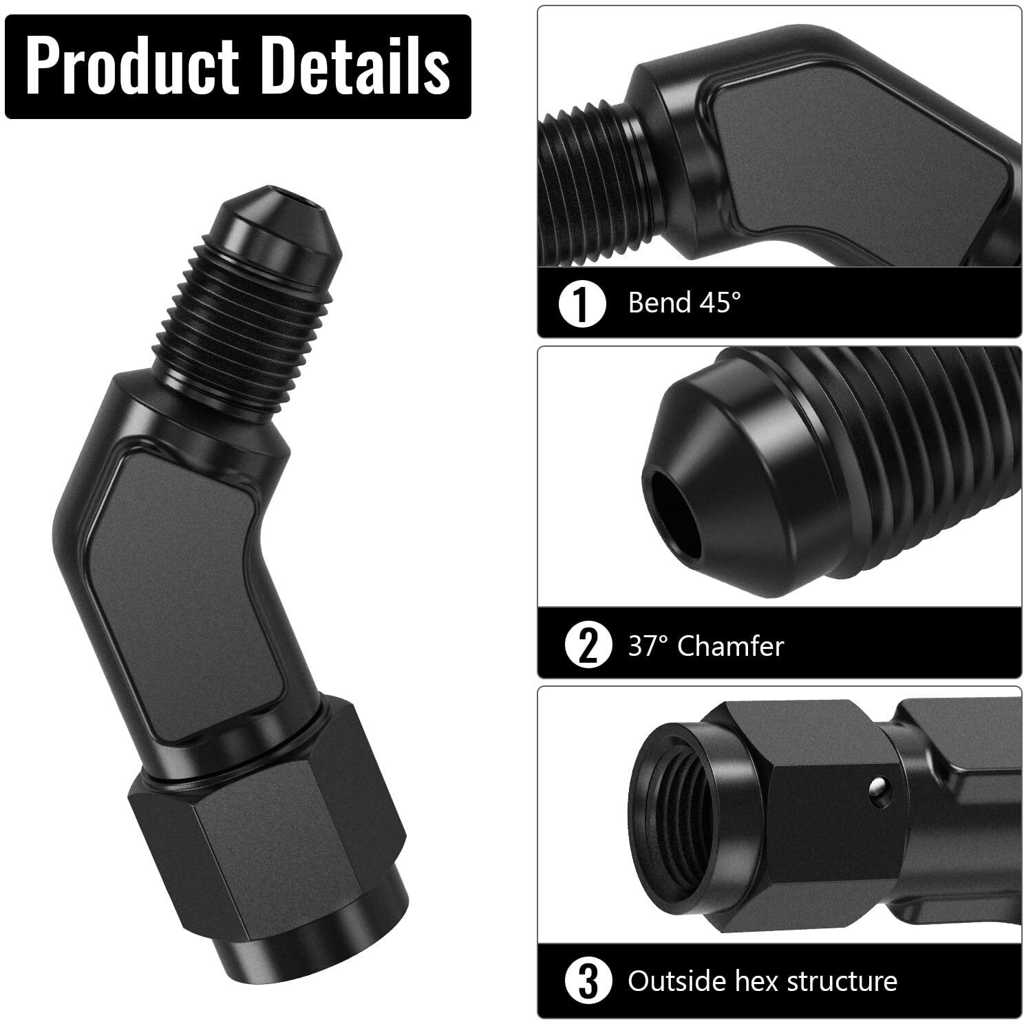 Truckmeter 45 Degree 3An Female To 3An Male Swivel Flare Union Fitting Adapter, Black Hard Aluminum Hex Anodized Connector, Automotive Accessories Suitable For Vehicle Fuel Oil Line Modification