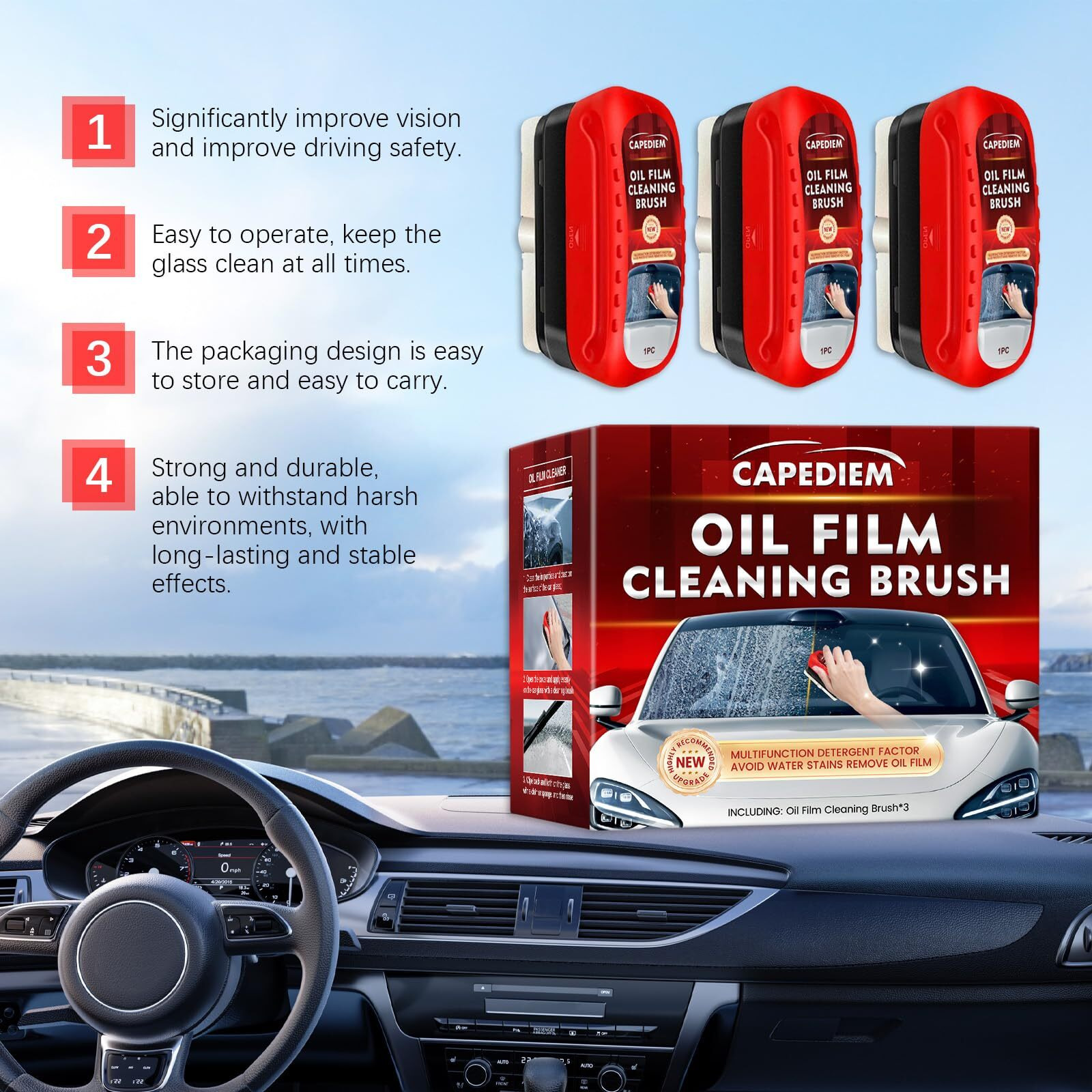 Capediem 2025 New Automotive Oil Film Cleaning Brush New Glass Coating For Windshield Glass Oil Film Remover, Strong Front Windshield Remover For Windshields Improves Clarity And Visibility