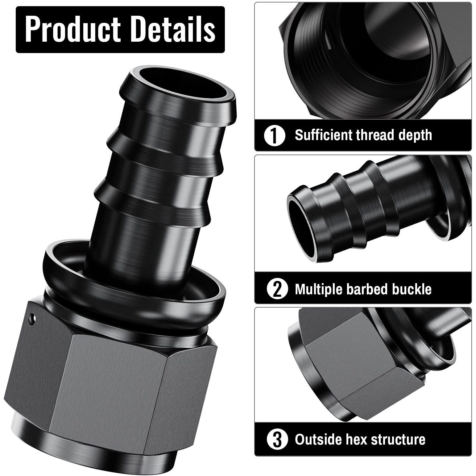 2Pcs Straight 12An Female To 3/4"" Push Lock Hose Fitting End For Rubber Fuel Line, Black Hard Two Stage Barb Aluminum Anodized Connector, Automotive Accessories For Vehicle Fuel Oil Line Modification