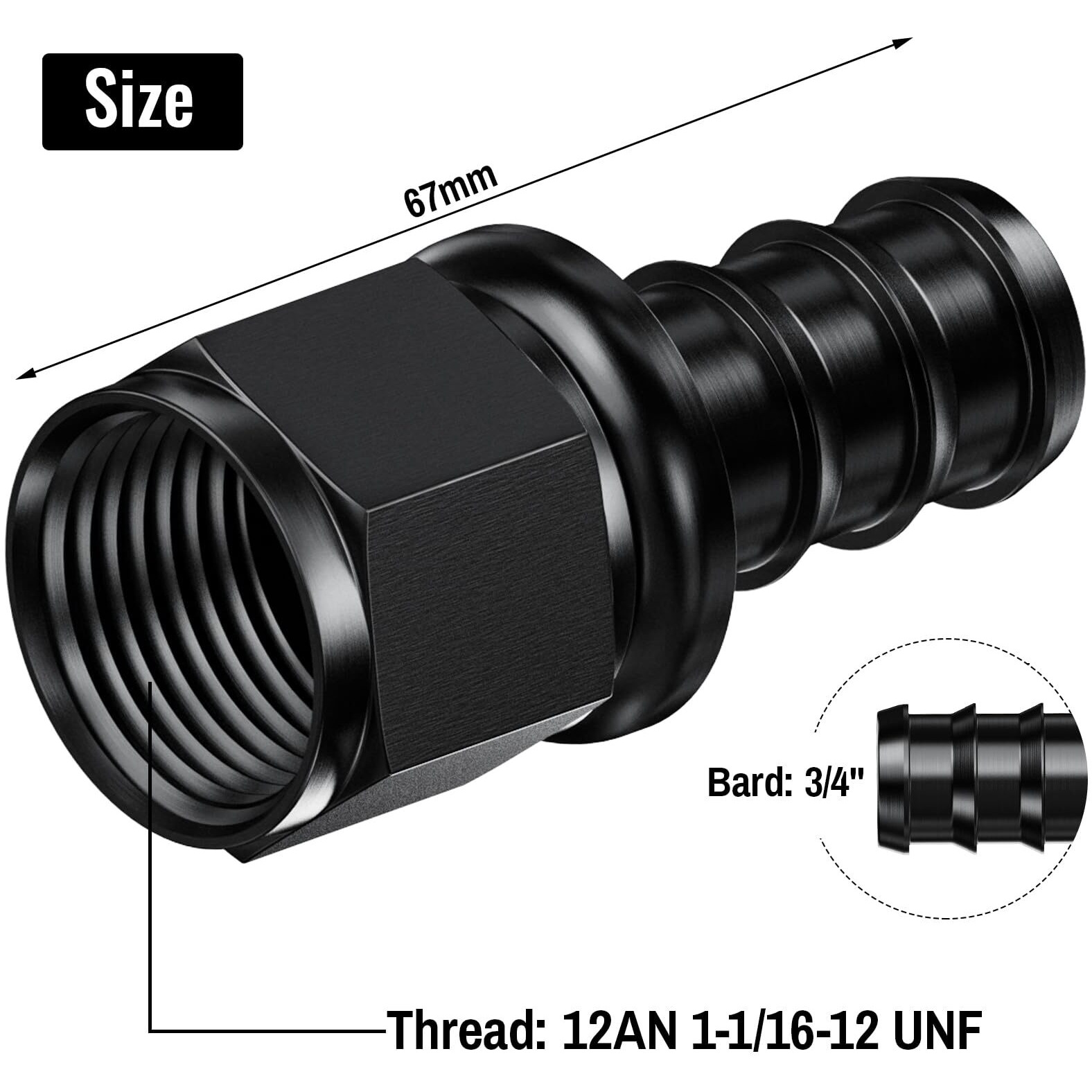 2Pcs Straight 12An Female To 3/4"" Push Lock Hose Fitting End For Rubber Fuel Line, Black Hard Two Stage Barb Aluminum Anodized Connector, Automotive Accessories For Vehicle Fuel Oil Line Modification