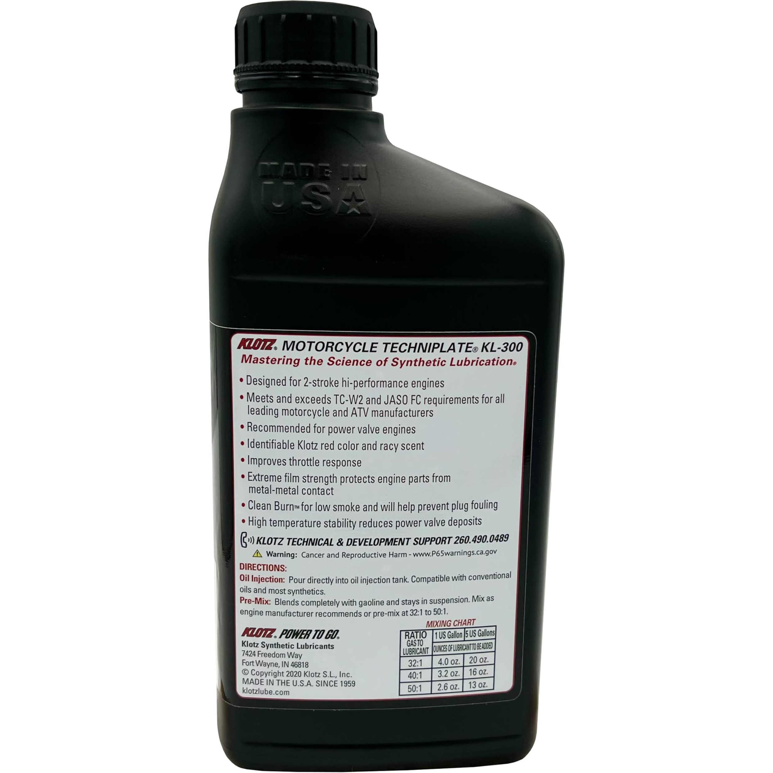 Klotz Motorcycle Techniplate Synthetic Premix/Injector Oil For 2-Stroke Tc-W2 Engines - 1 Quart Kl-300