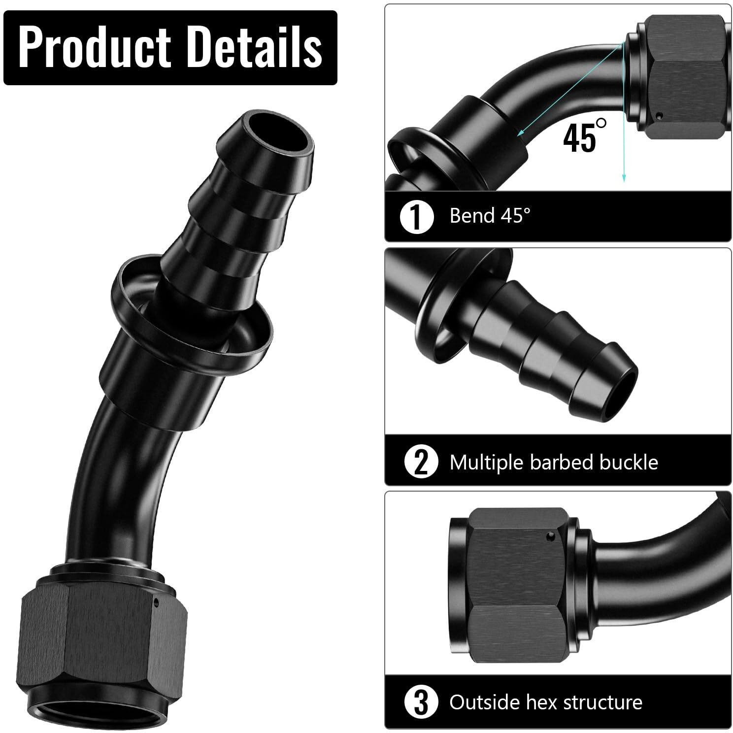 2Pcs 45 10An Female To 5/8"" Push Lock Hose Fitting End For Rubber Fuel Line, Black Hard Two Stage Barb Aluminum Anodized Connector, Automotive Accessories For Vehicle Fuel Oil Line Modification