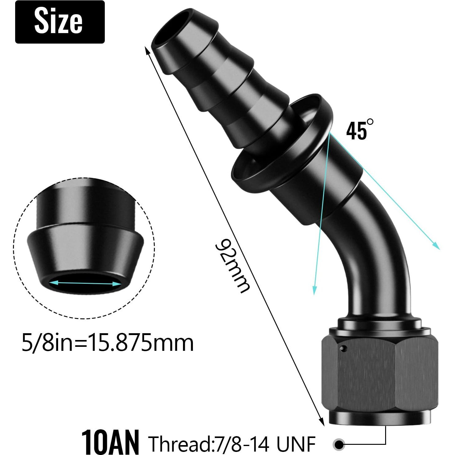 2Pcs 45 10An Female To 5/8"" Push Lock Hose Fitting End For Rubber Fuel Line, Black Hard Two Stage Barb Aluminum Anodized Connector, Automotive Accessories For Vehicle Fuel Oil Line Modification