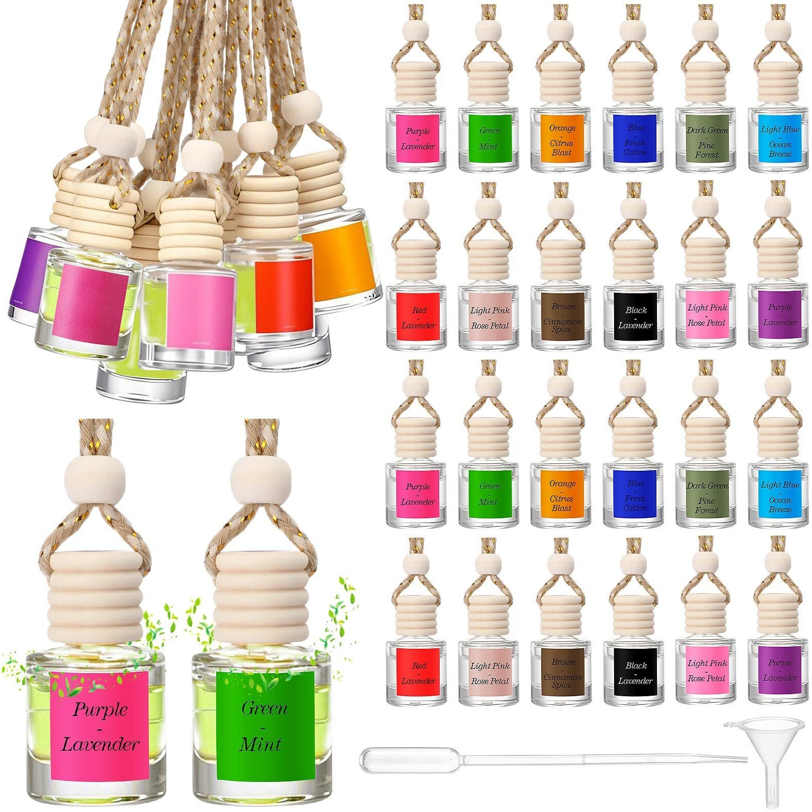 Reallnaive 100 Pcs 8Ml Car Diffuser Bottles Empty Bulk Appreciation Gifts Hanging Glass Car Diffuser Bottles With Labels 12 Color Air Freshener For Essential Oils Aromatherapy Fragrance (Cylinder)