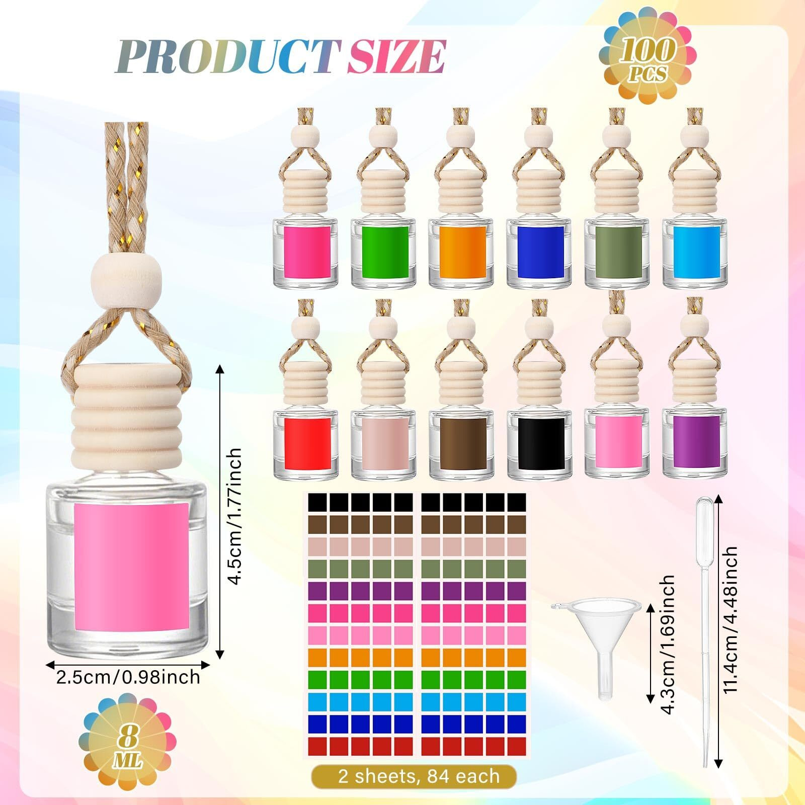 Reallnaive 100 Pcs 8Ml Car Diffuser Bottles Empty Bulk Appreciation Gifts Hanging Glass Car Diffuser Bottles With Labels 12 Color Air Freshener For Essential Oils Aromatherapy Fragrance (Cylinder)