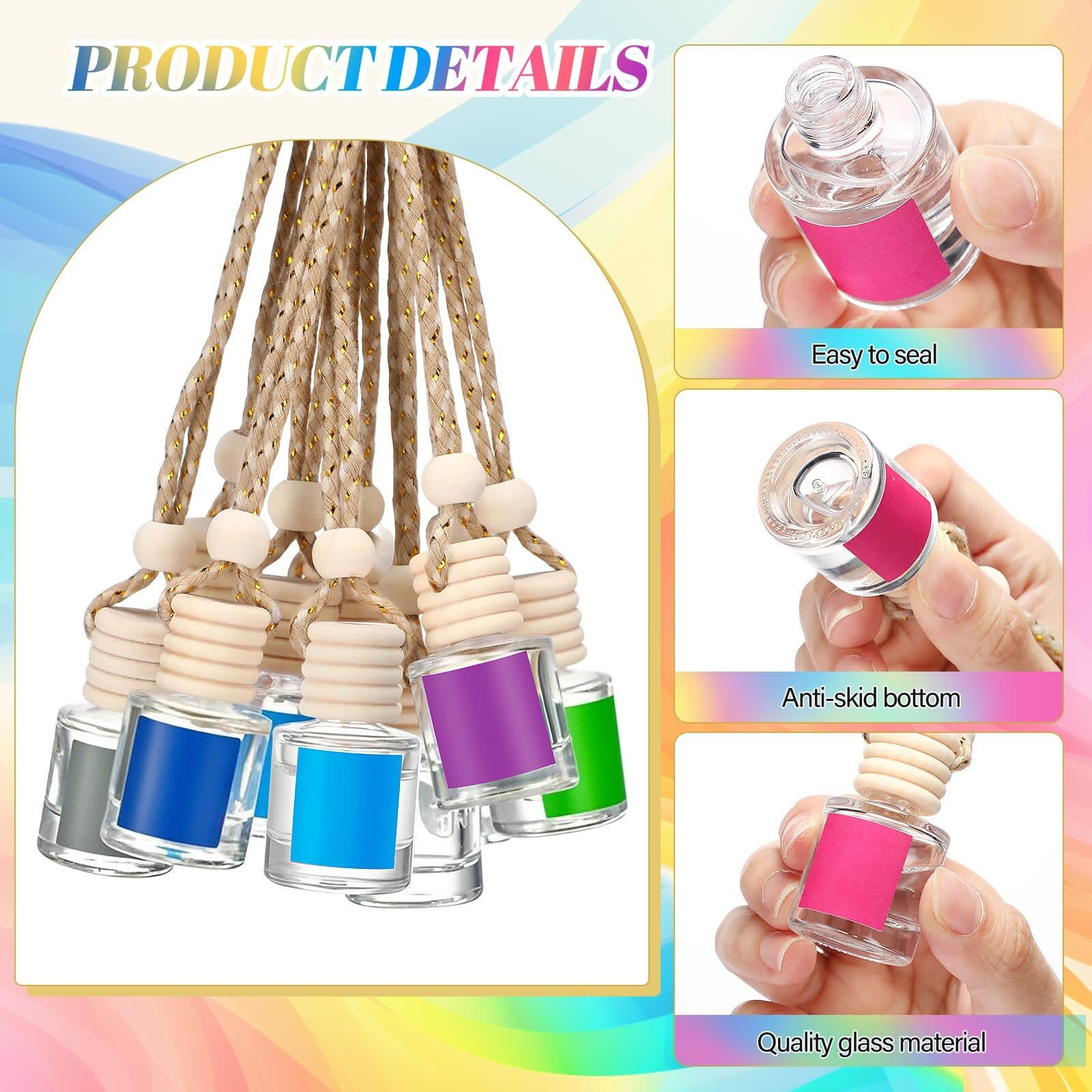 Reallnaive 100 Pcs 8Ml Car Diffuser Bottles Empty Bulk Appreciation Gifts Hanging Glass Car Diffuser Bottles With Labels 12 Color Air Freshener For Essential Oils Aromatherapy Fragrance (Cylinder)