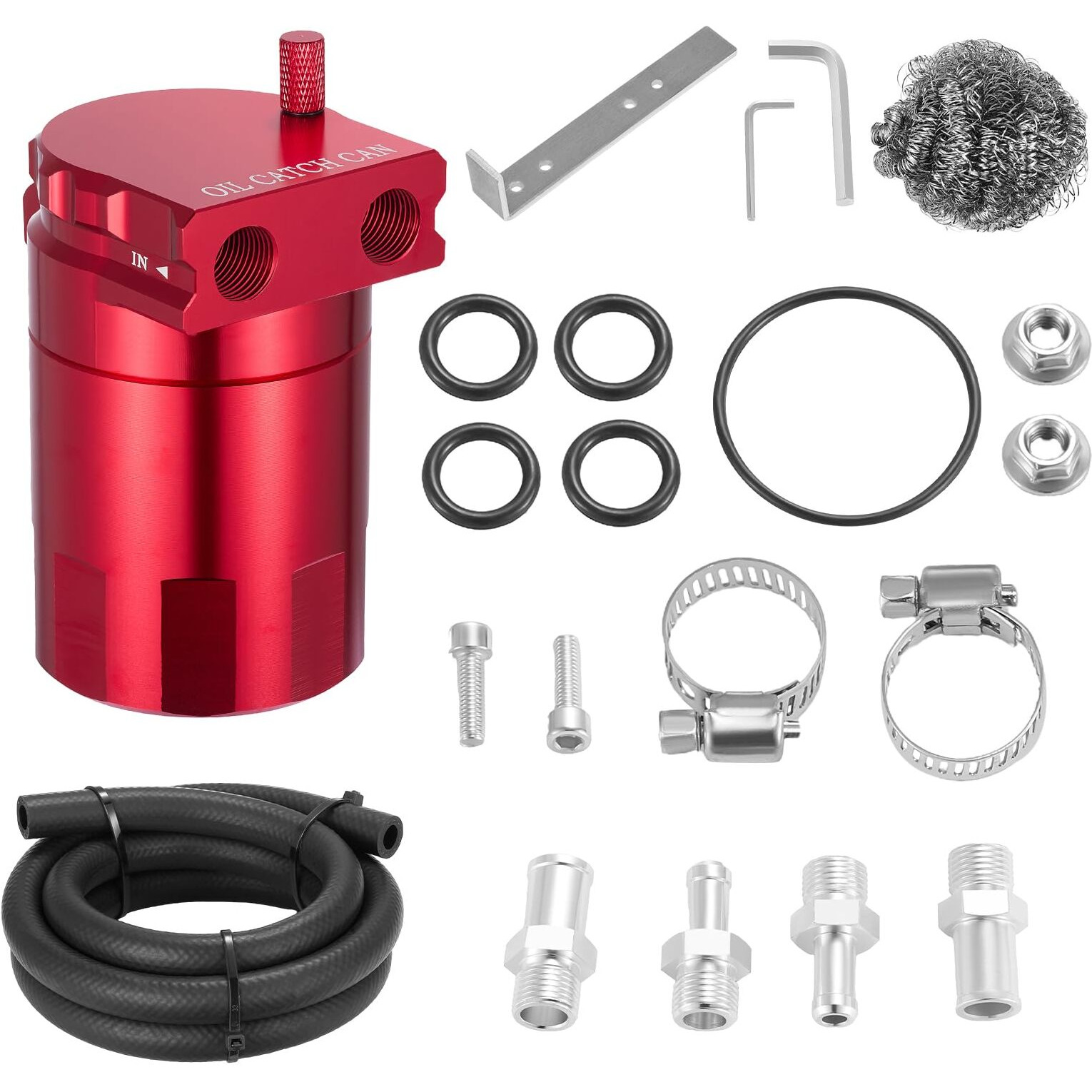 Bdfhyk 300Ml Oil Catch Can Kit, Universal Baffled Catch Can With 5Ft 3/8"" Id Nbr Fuel Line Hose, Aluminum Air Oil Separator Tank For Pcv System, Red