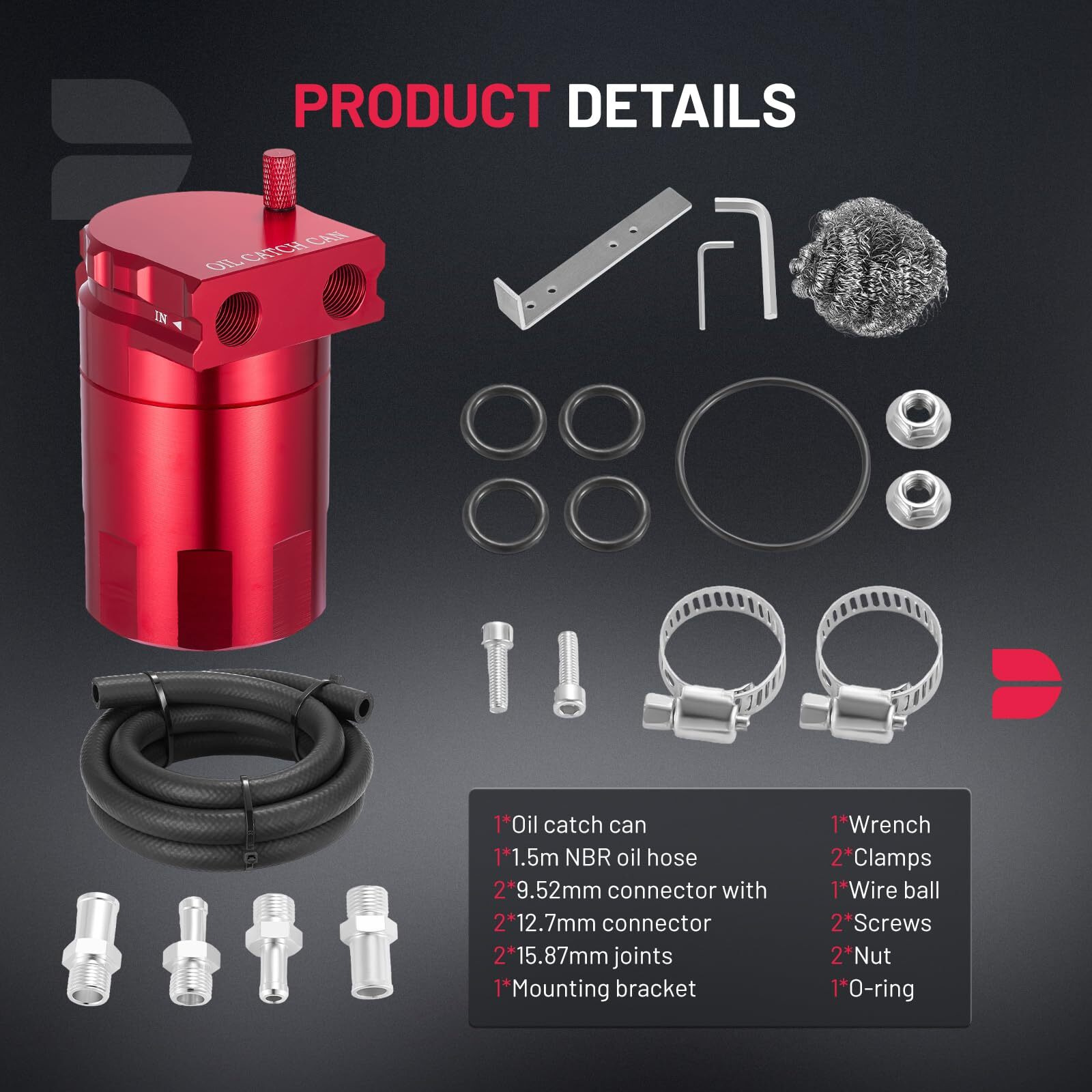 Bdfhyk 300Ml Oil Catch Can Kit, Universal Baffled Catch Can With 5Ft 3/8"" Id Nbr Fuel Line Hose, Aluminum Air Oil Separator Tank For Pcv System, Red