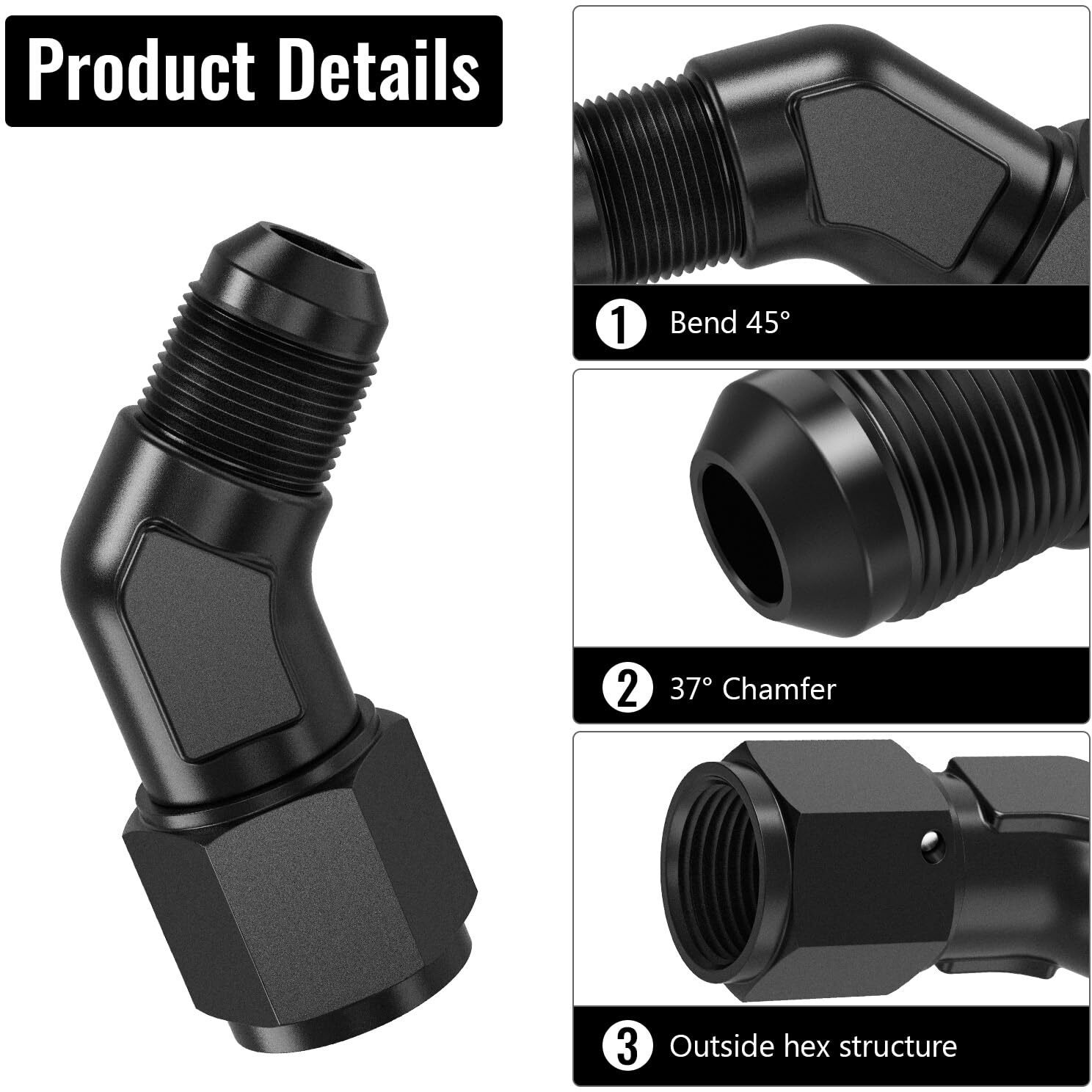 Truckmeter 45 Degree 6An Female To 6An Male Swivel Flare Union Fitting Adapter, Black Hard Aluminum Hex Anodized Connector, Automotive Accessories Suitable For Vehicle Fuel Oil Line Modification