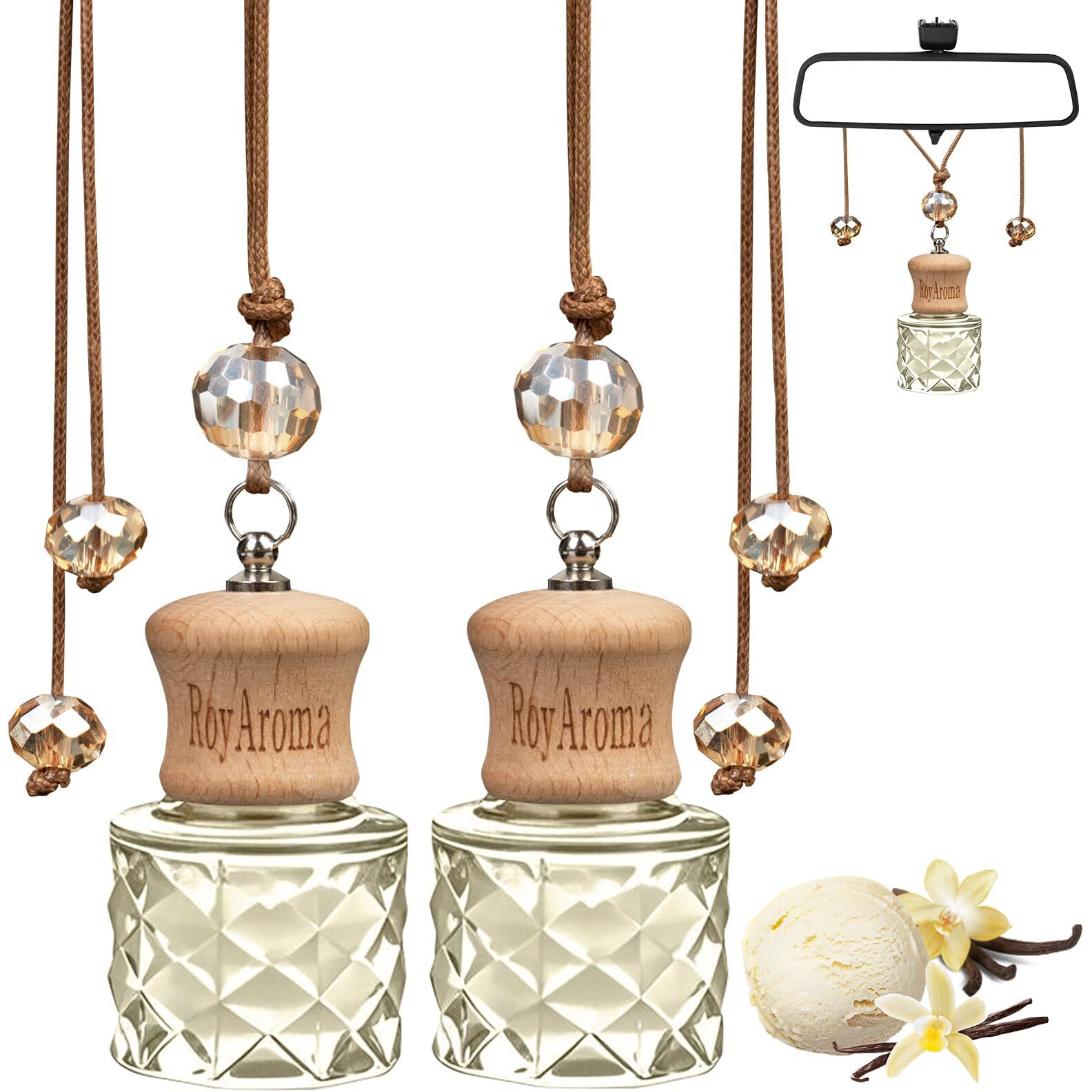 Royaroma Hanging Car Air Freshener, 2 Pack Long Lasting Cars Fresheners Up To 30-45 Days, Natural Fragrance Car Essential Oil Diffuser For Home Office - Vanilla Cream