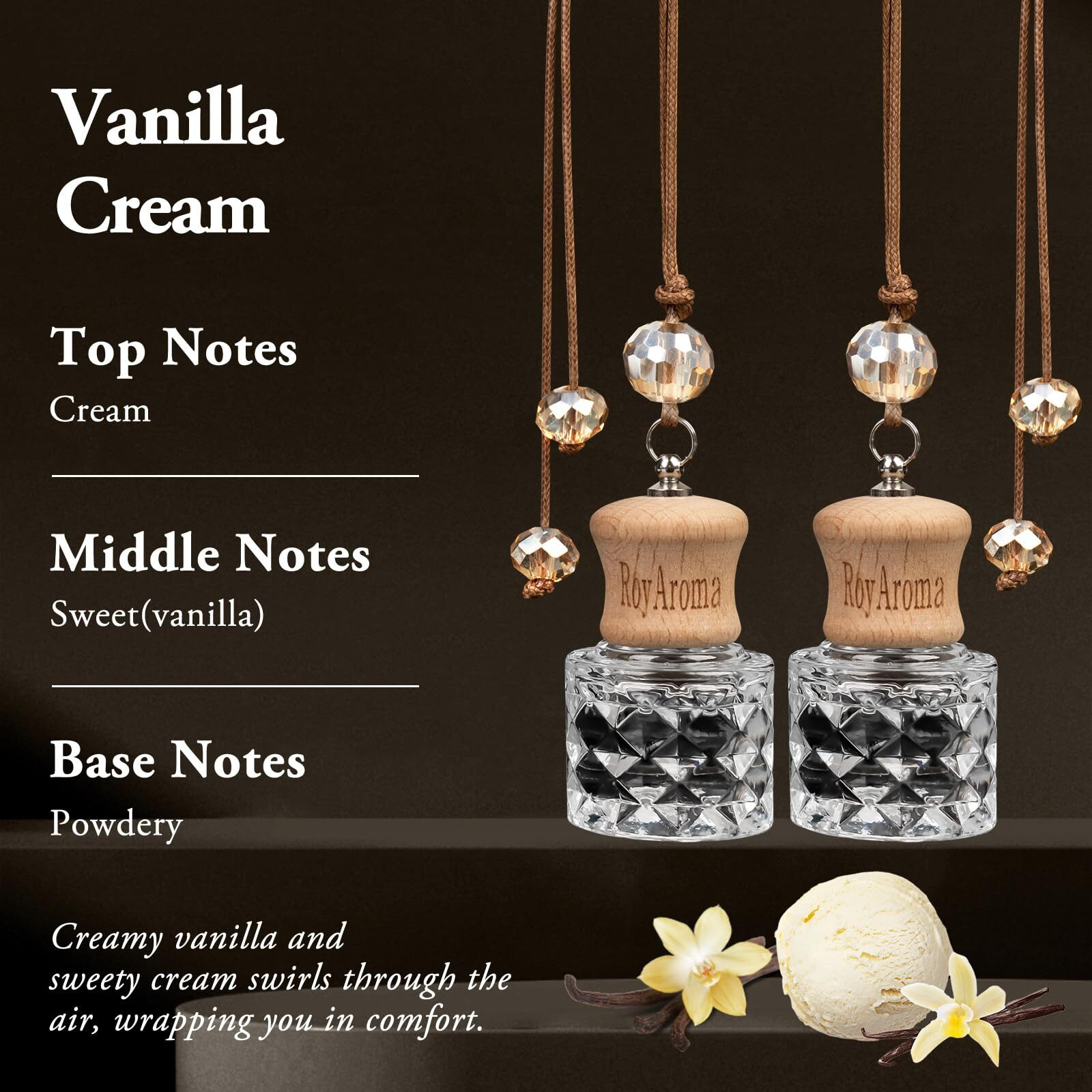 Royaroma Hanging Car Air Freshener, 2 Pack Long Lasting Cars Fresheners Up To 30-45 Days, Natural Fragrance Car Essential Oil Diffuser For Home Office - Vanilla Cream