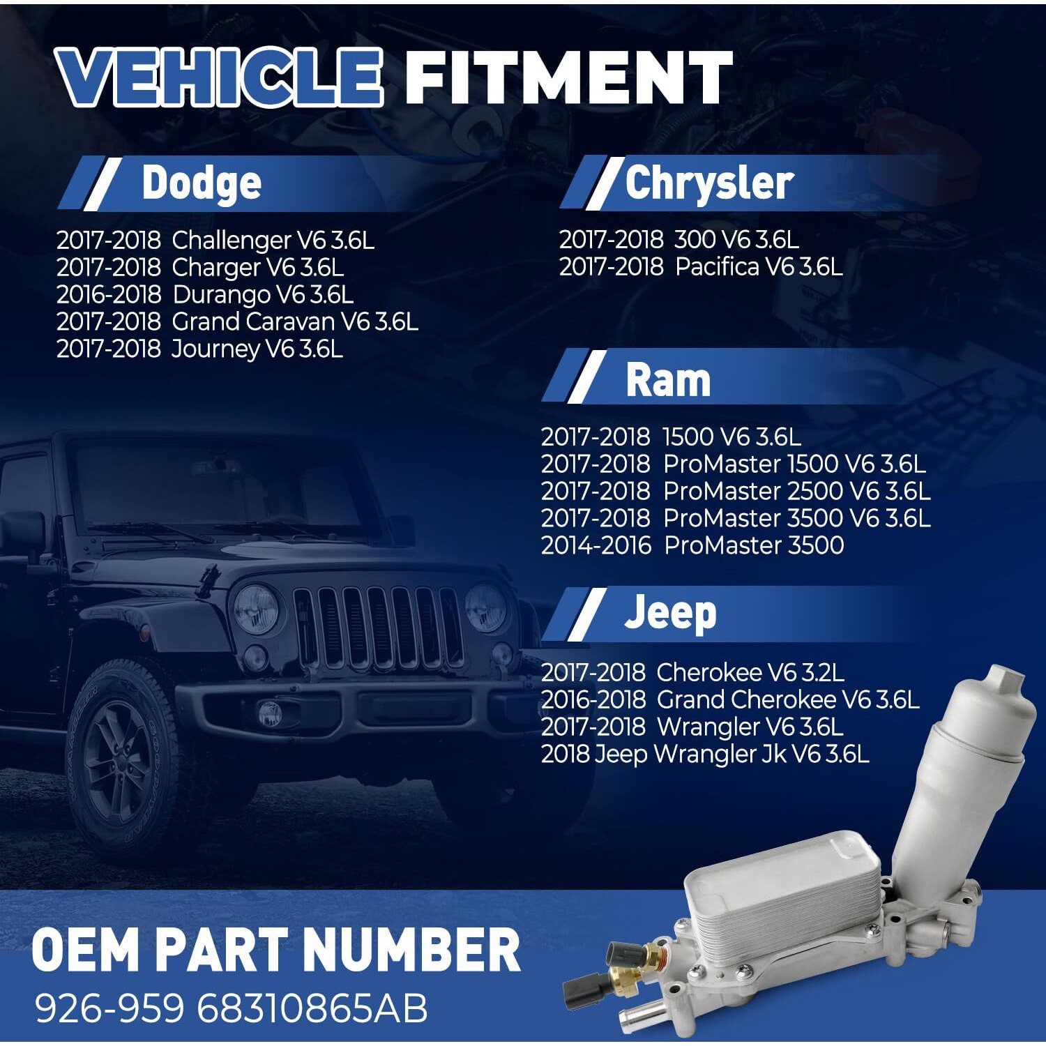 926-959 Upgrade Aluminum Engine Oil Cooler Oil Filter Housing For 2017-2018 Jeep Wrangler Grand Cherokee Dodge Challenger Charger Journey Caravan Durango Chrysler 300 200 Town Country Ram 3.6L 926-876