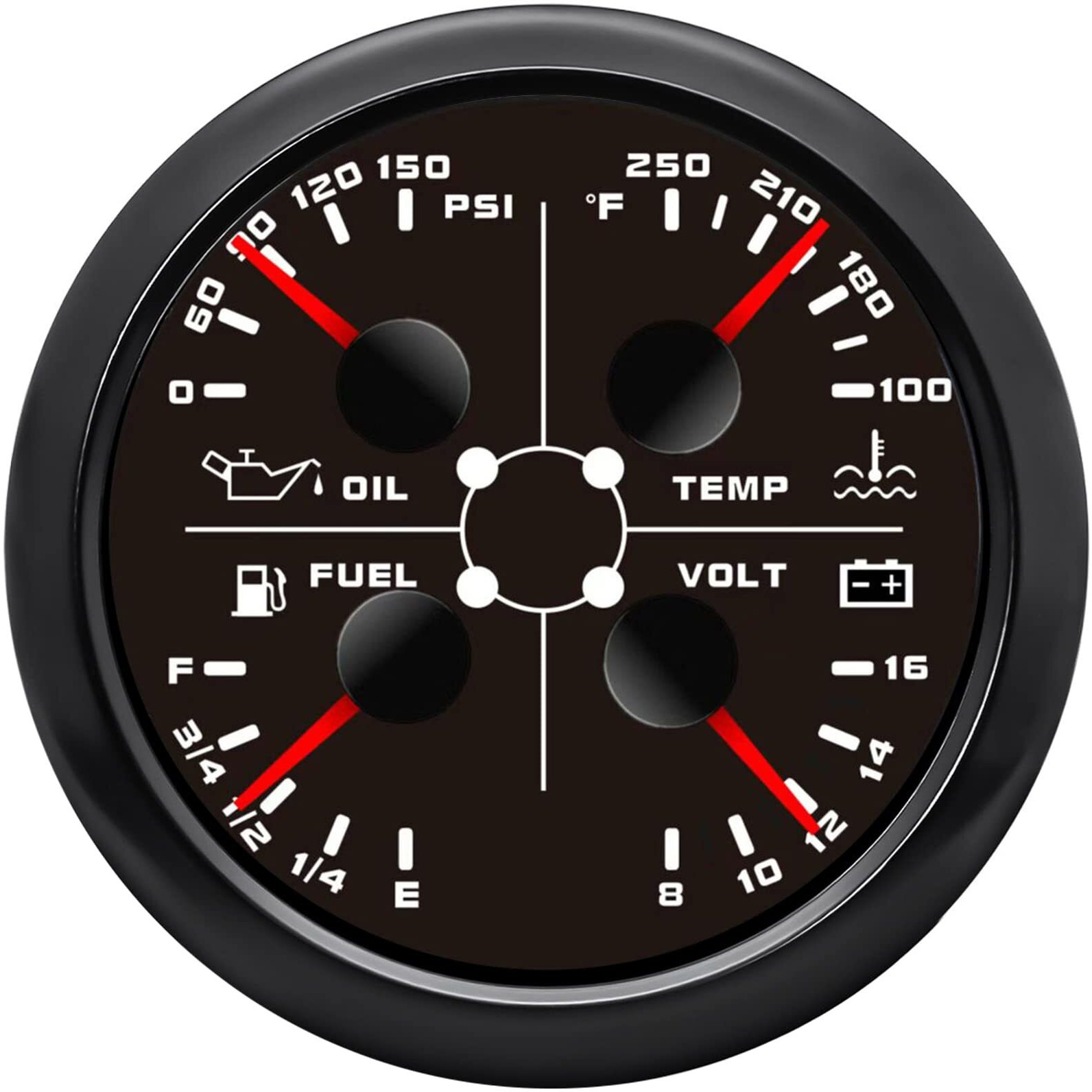 Artilaura Auto Gauge 4In1 Multifunction Meter- Oil Pressure/Water Temp/Fuel Level/Voltmeter 85Mm 3 3/8"" Automotive Boat Gauge For Car Marine(Black)
