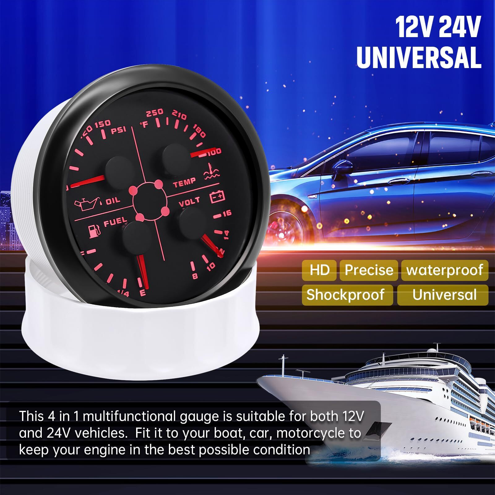 Artilaura Auto Gauge 4In1 Multifunction Meter- Oil Pressure/Water Temp/Fuel Level/Voltmeter 85Mm 3 3/8"" Automotive Boat Gauge For Car Marine(Black)