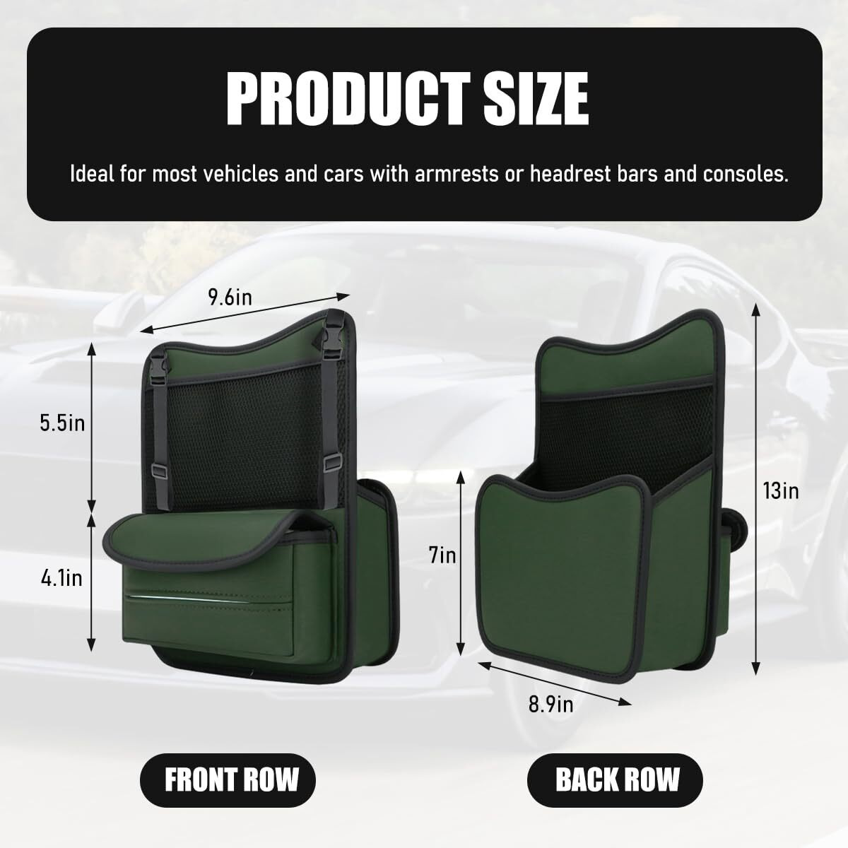 Fsturios Car Organizer Storage Between Seats, Nappa Leather Front Seat Storage Bag With Tissue Holder, Automotive Console Hanging Net Pocket Handbag Holder For Phone Document (Green)