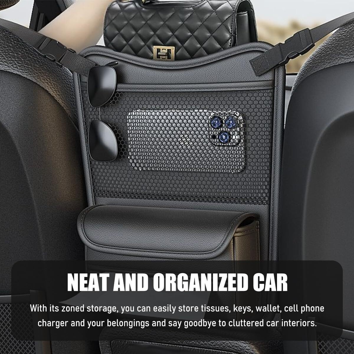 Fsturios Car Organizer Storage Between Seats, Nappa Leather Front Seat Storage Bag With Tissue Holder, Automotive Console Hanging Net Pocket Handbag Holder For Phone Document (Green)
