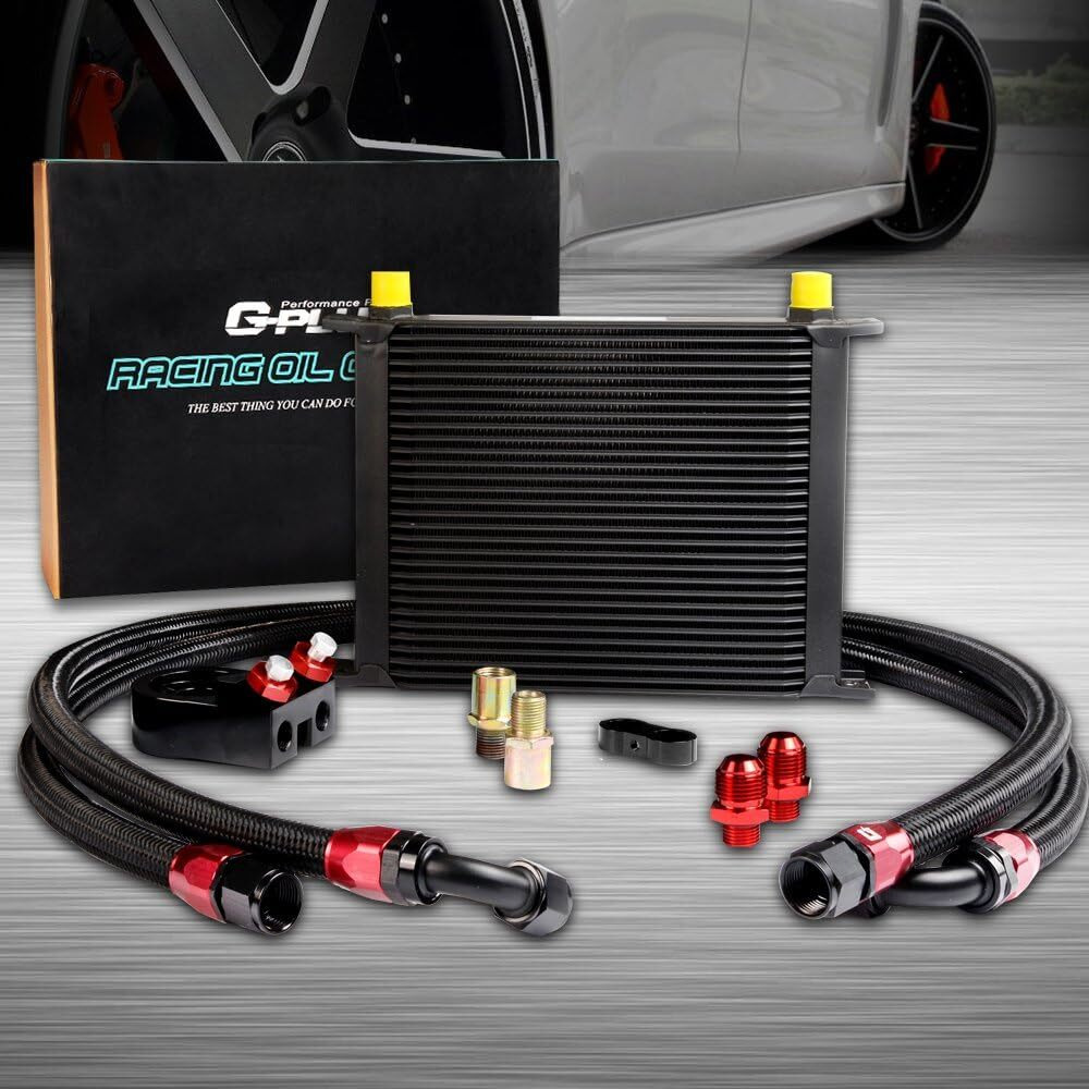 G-Plus Black Universal 30 Row An10-10An Engine Transmission Oil Cooler Kit Oil Filter Adapter Kit Aluminum