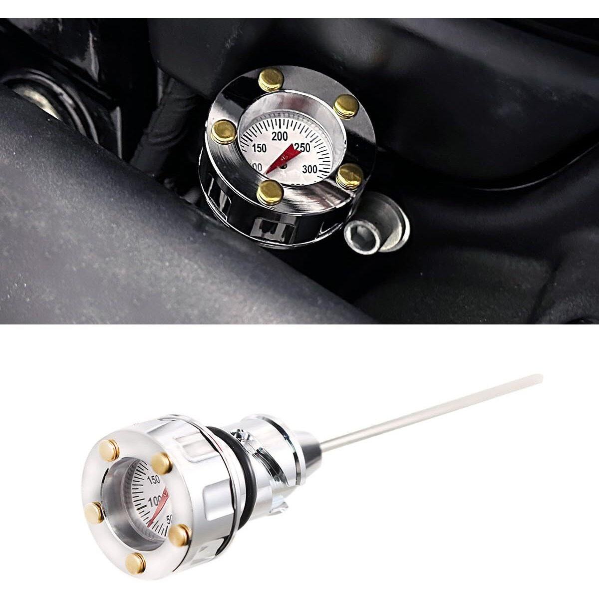 Oil Temperature Dipstick Compatible For Harley 2018-2024 Softail Slim Low Rider Fxlr Breakout Fat Boy Street Bob (Chrome+Brass)