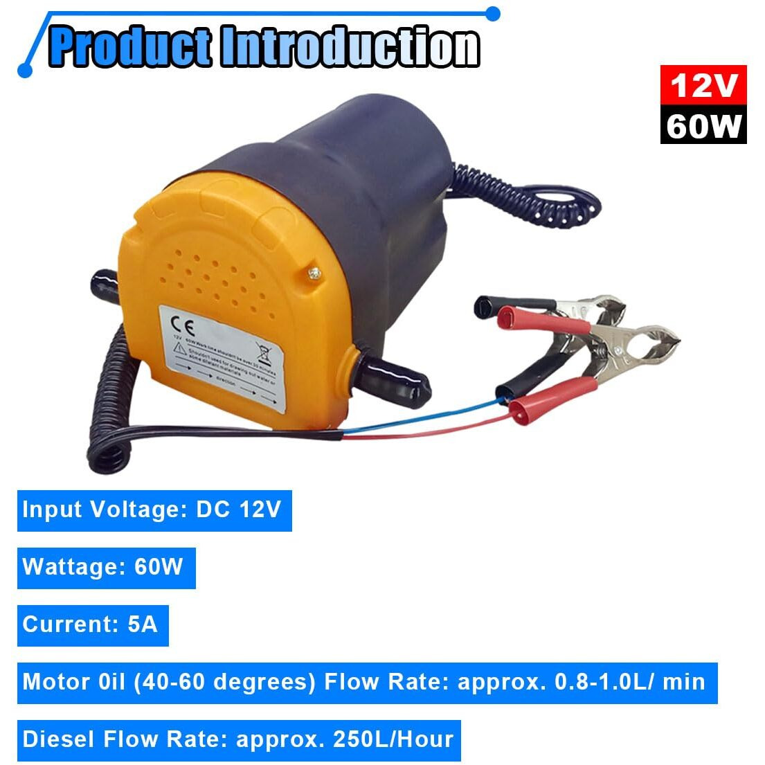 Oil Change Pump Extractor, 12V 60W Fluid Transfer Pump, Oil/Diesel Pump Extractor With Hose, Scavenge Suction Transfer Pump Changer For Car, Truck, Boat, Motorcycle, Rv, Atv (Yellow)