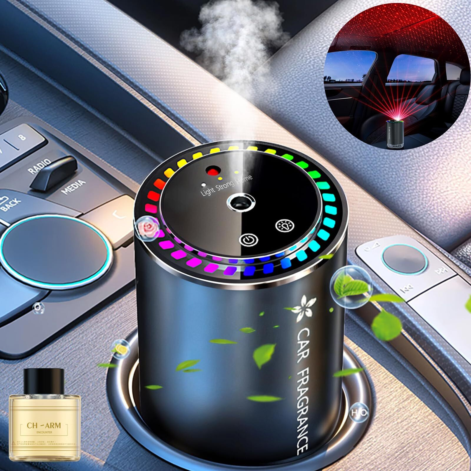 Holwim Smart Car Air Freshener Diffuser, Waterless Car Diffuser For Essential Oils With Star Projector, Music Rhythmic Light, Auto On/Off, Adjustable Concentration, Built-In Battery (Charm)