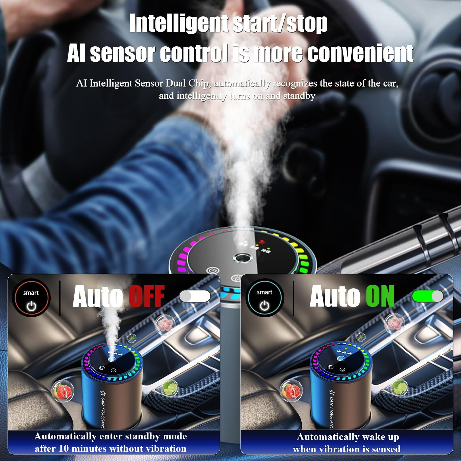Holwim Smart Car Air Freshener Diffuser, Waterless Car Diffuser For Essential Oils With Star Projector, Music Rhythmic Light, Auto On/Off, Adjustable Concentration, Built-In Battery (Charm)
