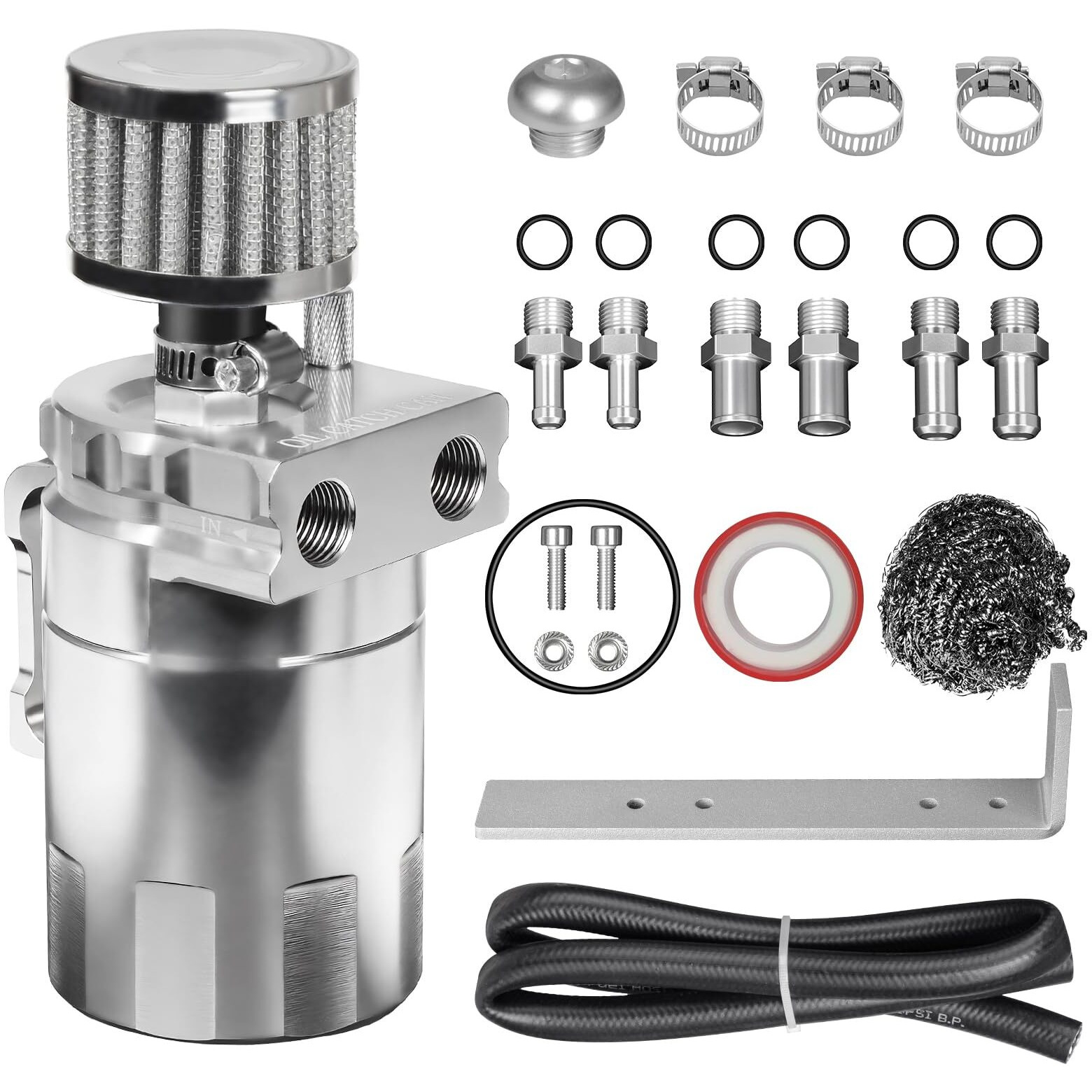 Vehimata Oil Catch Can Kit, 300Ml Universal Baffled Catch Can With Breather Filter, Air Oil Separator Tank With 2.6Ft Nbr Fuel Hose For Pcv System Aluminum Silver
