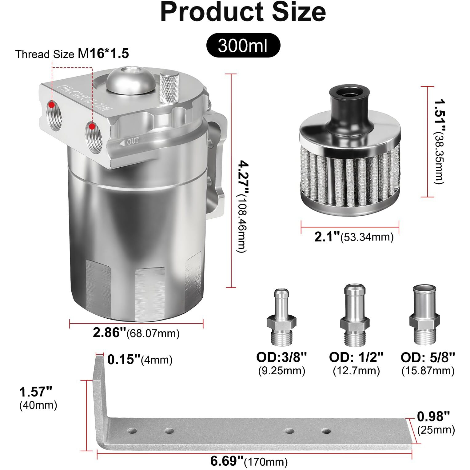 Vehimata Oil Catch Can Kit, 300Ml Universal Baffled Catch Can With Breather Filter, Air Oil Separator Tank With 2.6Ft Nbr Fuel Hose For Pcv System Aluminum Silver