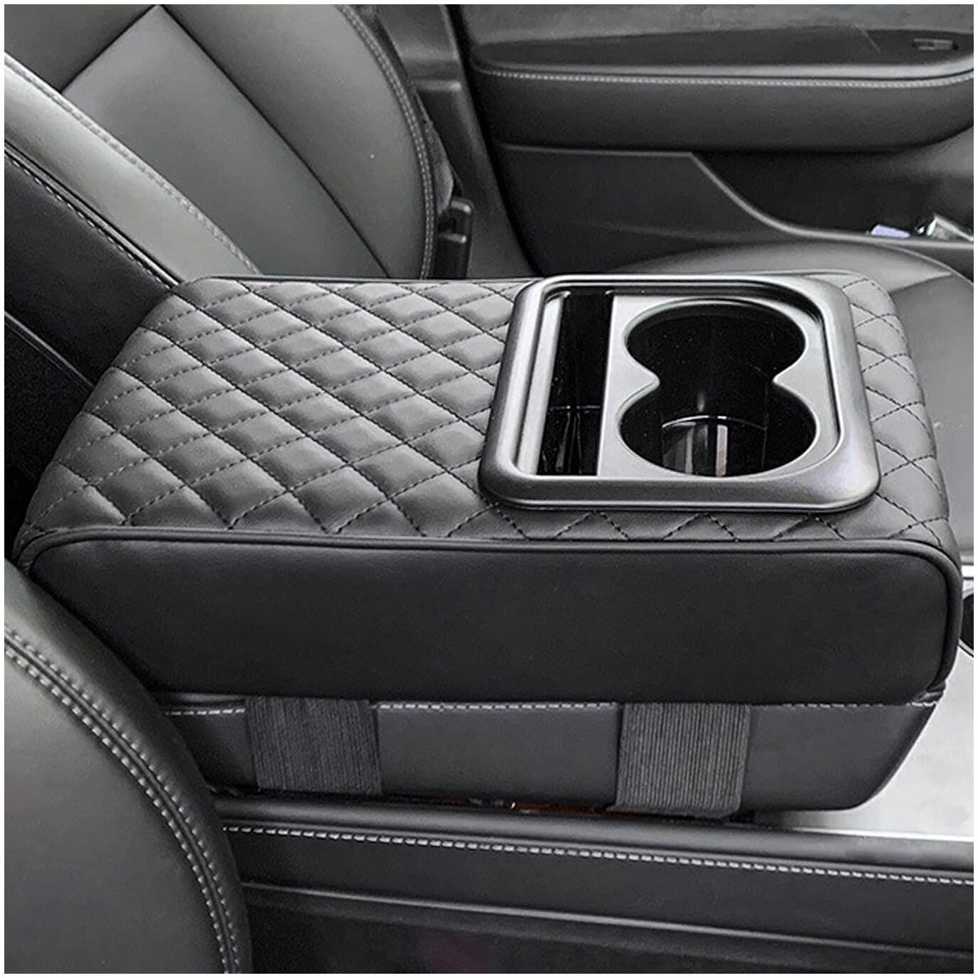 Suvnie Car Center Console Armrest Pillow, 14""  8.3"" Memory Foam Auto Armrest Box Cover With Cup Holder & Phone Holder, Waterproof Leather Arm Rest Protector Cushion, Car Accessories (Diamond Pattern)
