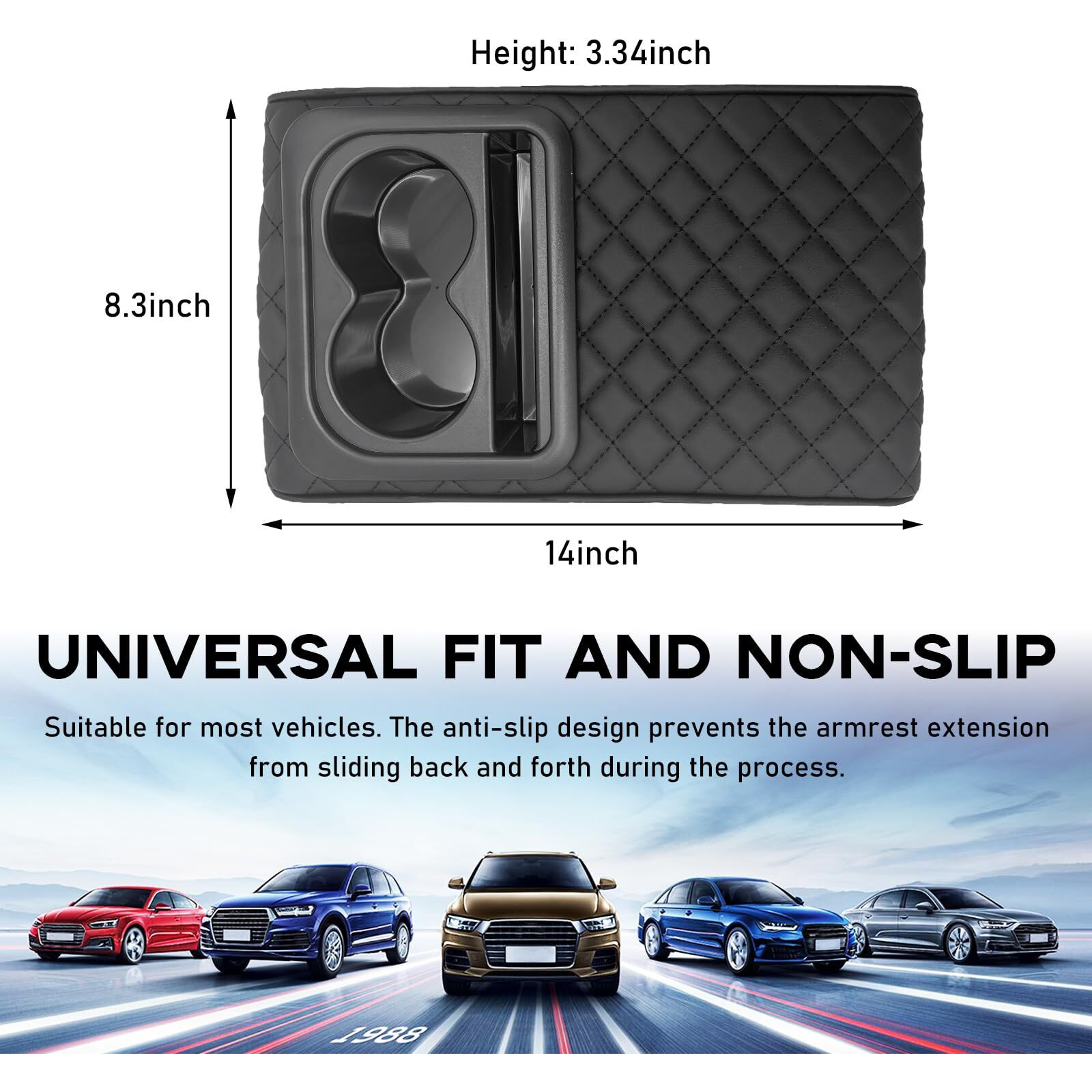 Suvnie Car Center Console Armrest Pillow, 14""  8.3"" Memory Foam Auto Armrest Box Cover With Cup Holder & Phone Holder, Waterproof Leather Arm Rest Protector Cushion, Car Accessories (Diamond Pattern)