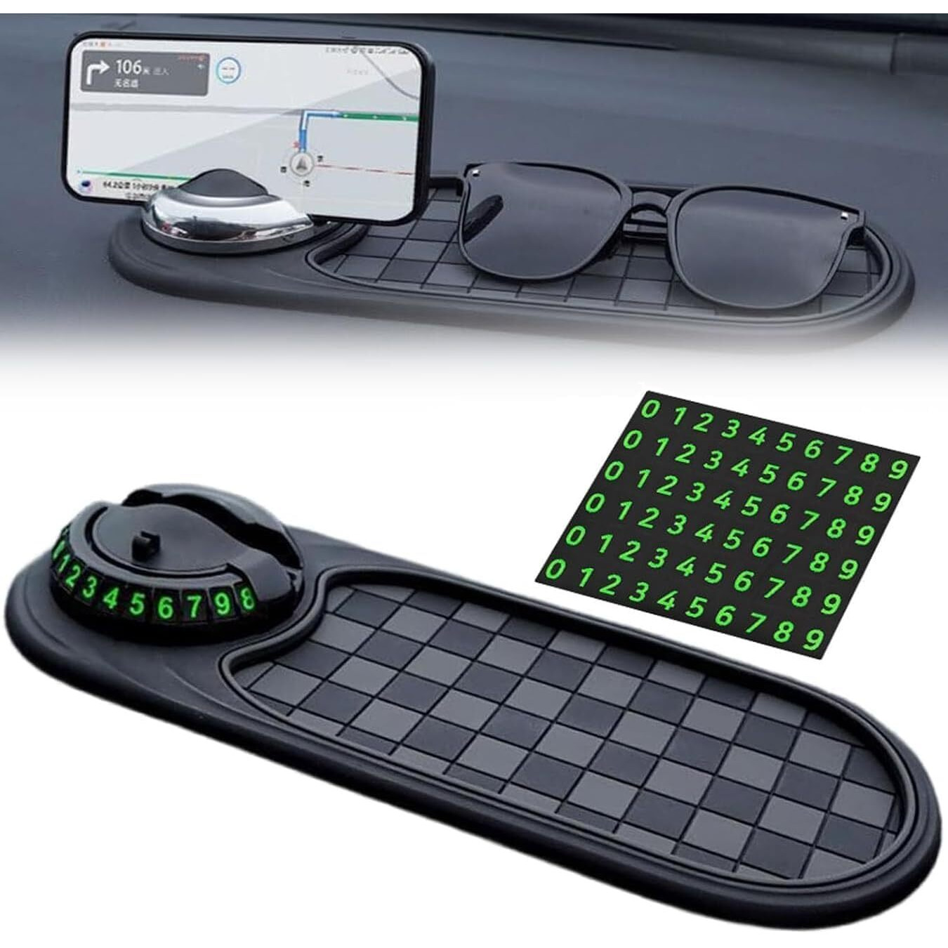 Multifunction Car Anti-Slip Mat,Car Anti Slip Mat Phone Holder,Rotatable Anti Skid Car Dashboard Pad With Temporary Parking Numbe And Large Pad For Phones Sunglasses Keys Gadgets