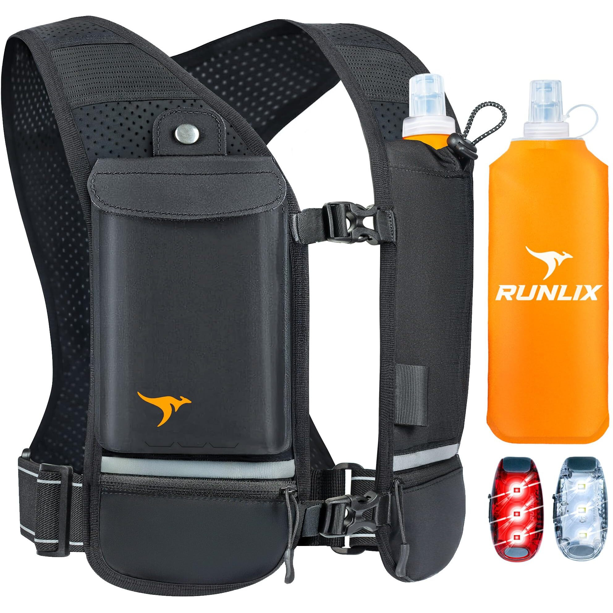 Runlix Running Vest For Women Men - Reflective Running Hydration Vest With 500Ml Soft Water Bottle, Phone Holder, 2 Led Lights Usb Rechargeable - 7 Pockets Runners Backpack Trail Jogging Marathon