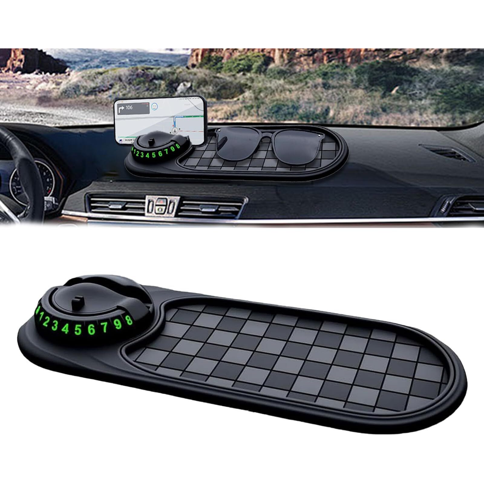 Grotoly 2025 Multifunction Car Anti-Slip Mat And Rotatable Phone Holder,Black Dashboard Pad With Temporary Parking Number Pad For Phones Keys Sunglasses And Gadgets