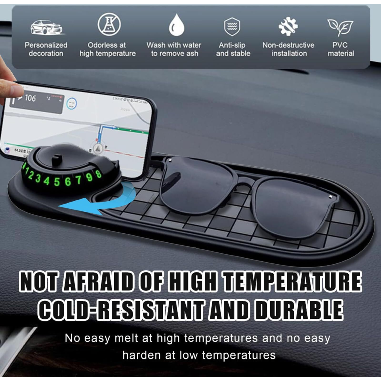 Grotoly 2025 Multifunction Car Anti-Slip Mat And Rotatable Phone Holder,Black Dashboard Pad With Temporary Parking Number Pad For Phones Keys Sunglasses And Gadgets