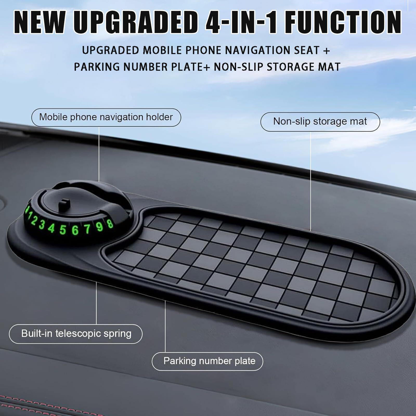 Grotoly 2025 Multifunction Car Anti-Slip Mat And Rotatable Phone Holder,Black Dashboard Pad With Temporary Parking Number Pad For Phones Keys Sunglasses And Gadgets