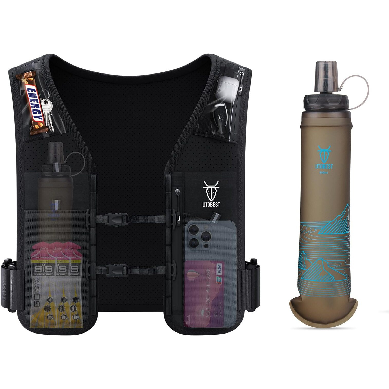 Utobest Running Vest For Women Men, Reflective Hydration Vest With 500Ml Soft Water Bottle, 5L Phone Holder With Adjustable Belt & Ample Storage Blue