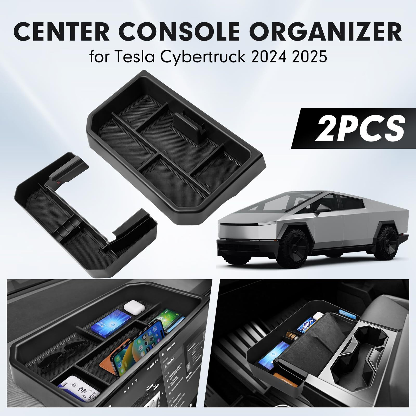 Autorder 2Pcs Center Console Organizer For 2024-2026 Tesla Cybertruck Accessories,Dashboard Insert Tray With Phone Holder,Cup Holder Front Tray For Cybertruck