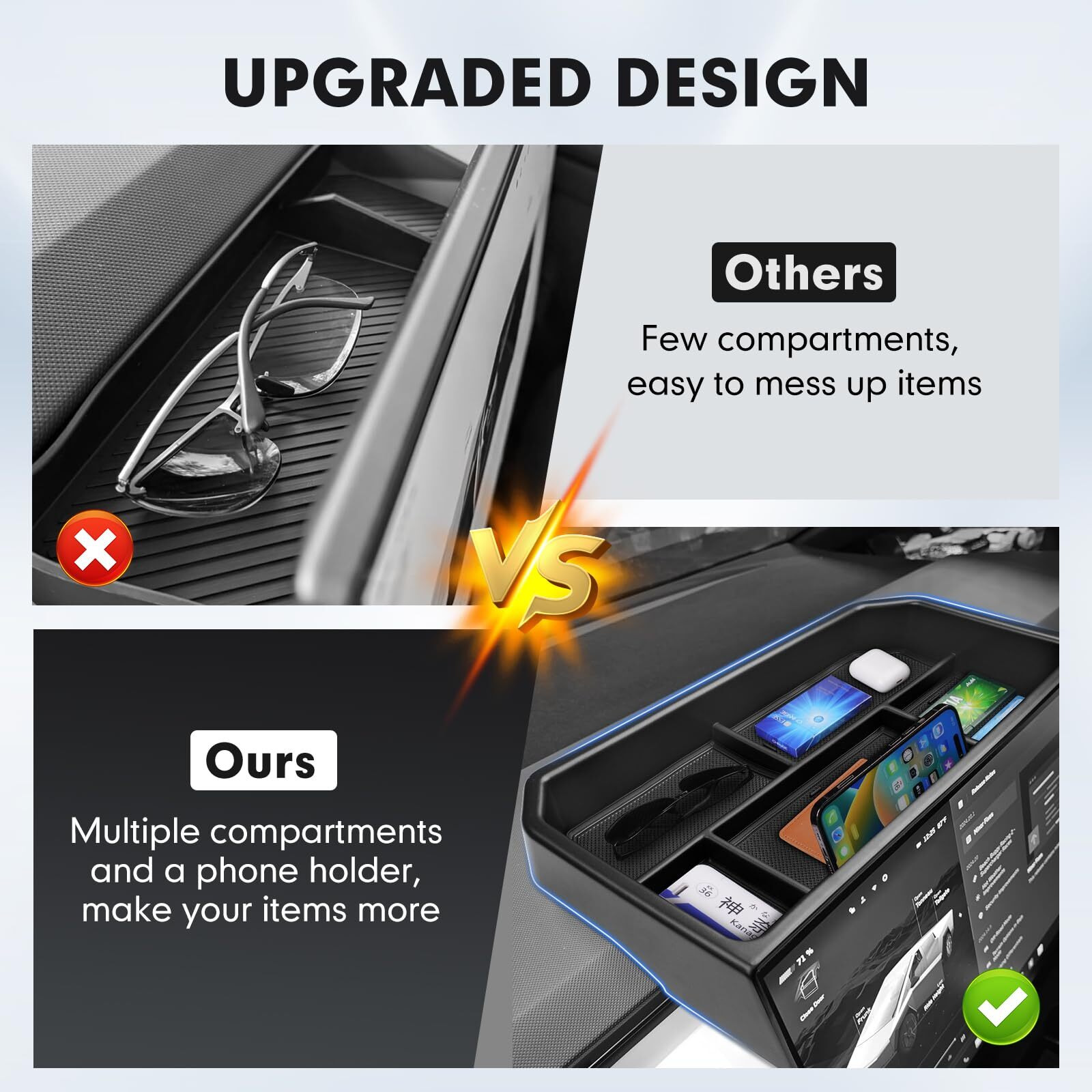 Autorder 2Pcs Center Console Organizer For 2024-2026 Tesla Cybertruck Accessories,Dashboard Insert Tray With Phone Holder,Cup Holder Front Tray For Cybertruck