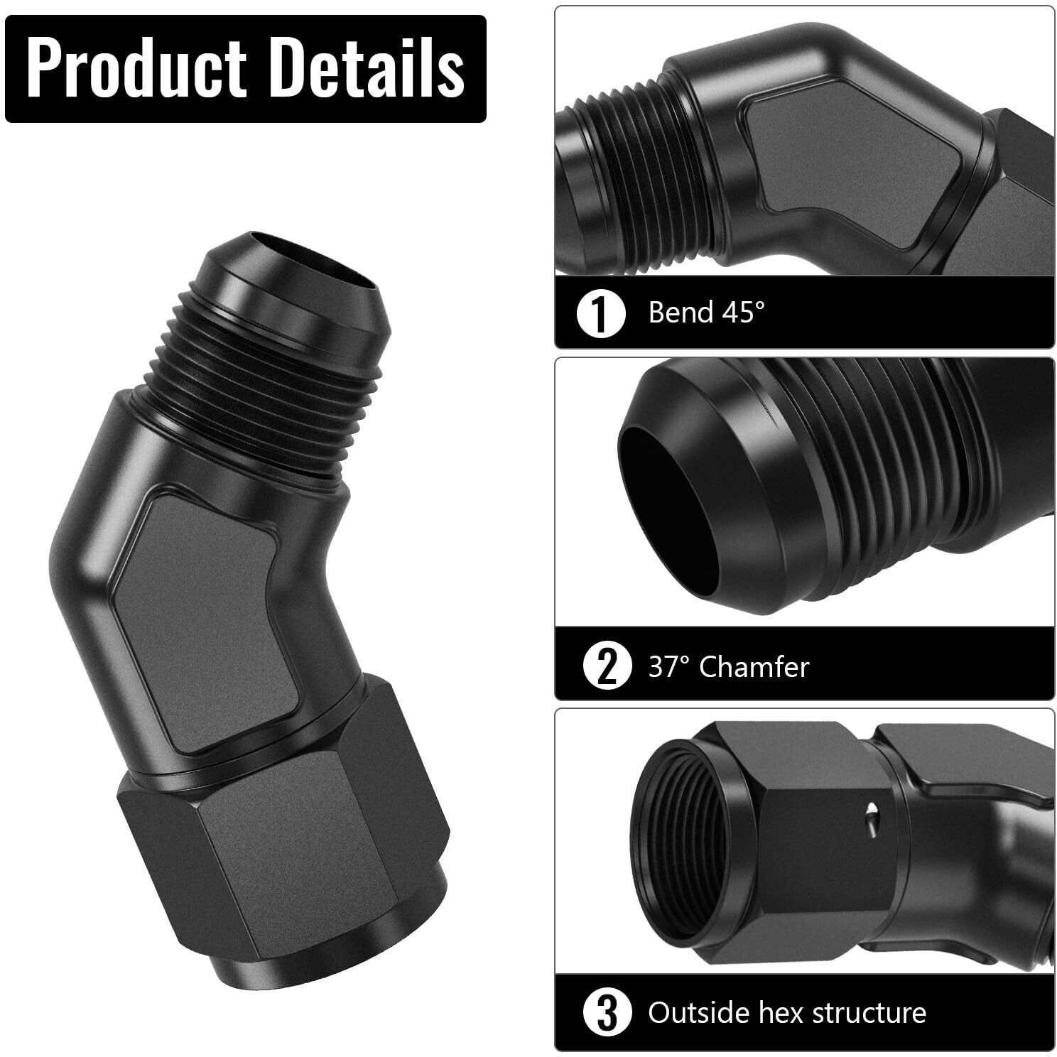 Truckmeter 45 Degree 10An Female To 10An Male Swivel Flare Union Fitting Adapter, Black Hard Aluminum Hex Anodized Connector, Automotive Accessories Suitable For Vehicle Fuel Oil Line Modification