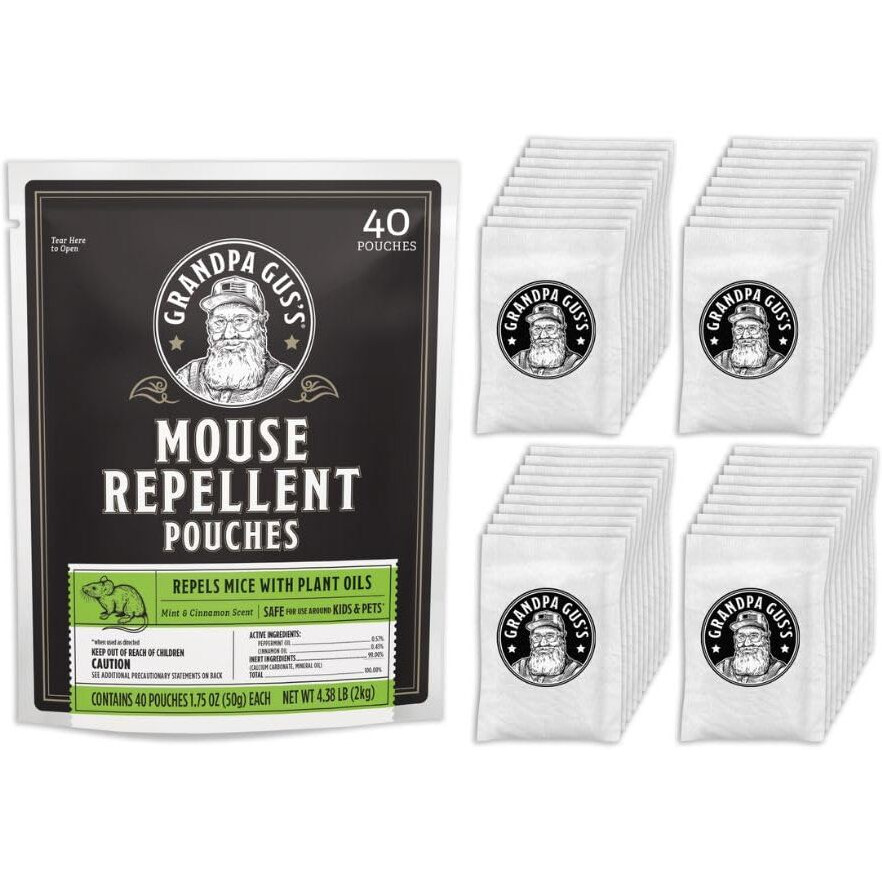 Grandpa Gus's Natural Mouse Repellent Pouches, Cinnamon/Peppermint Oils Repel Mice From Nesting & Freshen Air In Home/Cabin/Boat/Car/Storage/Rv/Machinery/Shed, 1.75 Oz (40 Pouches)