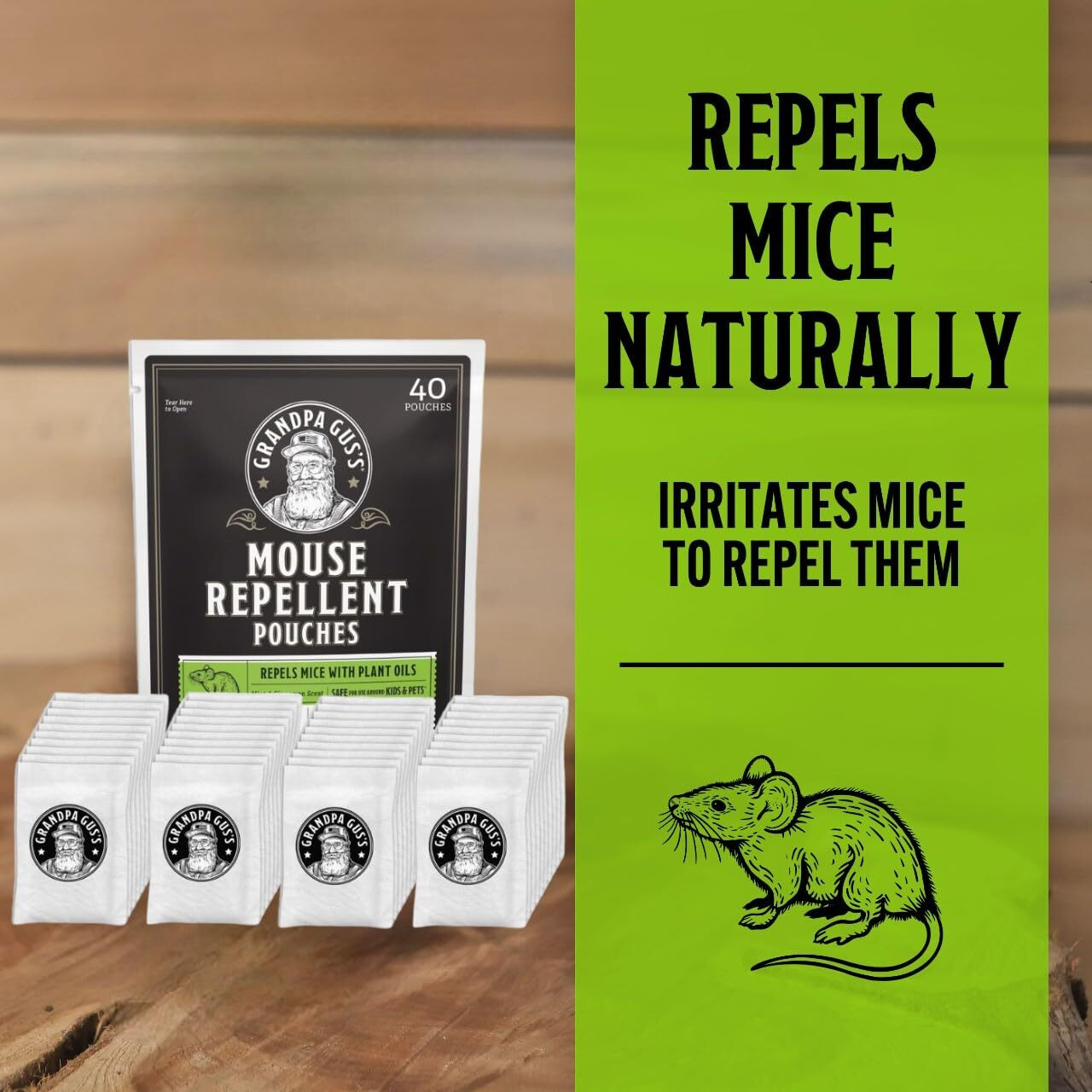 Grandpa Gus's Natural Mouse Repellent Pouches, Cinnamon/Peppermint Oils Repel Mice From Nesting & Freshen Air In Home/Cabin/Boat/Car/Storage/Rv/Machinery/Shed, 1.75 Oz (40 Pouches)